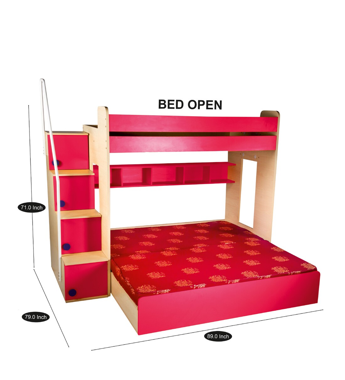 Buy Trundle Bunk Bed with Shelves & Hydraulic Storage in Pink Colour By
