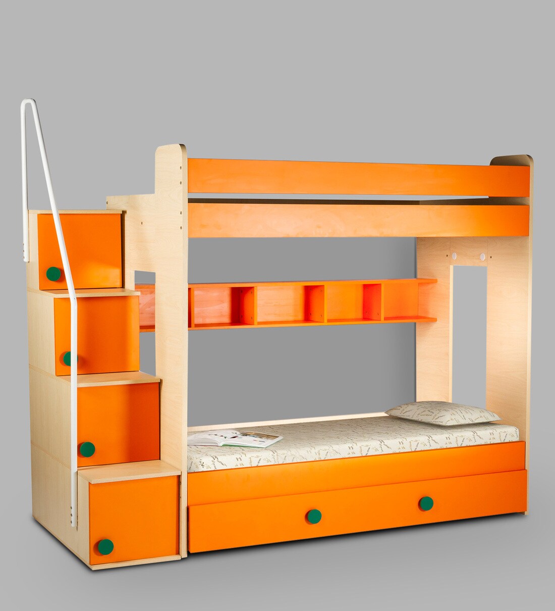 Buy Trundle Bunk Bed with Storage & Shelves in Orange Colour By YiPi