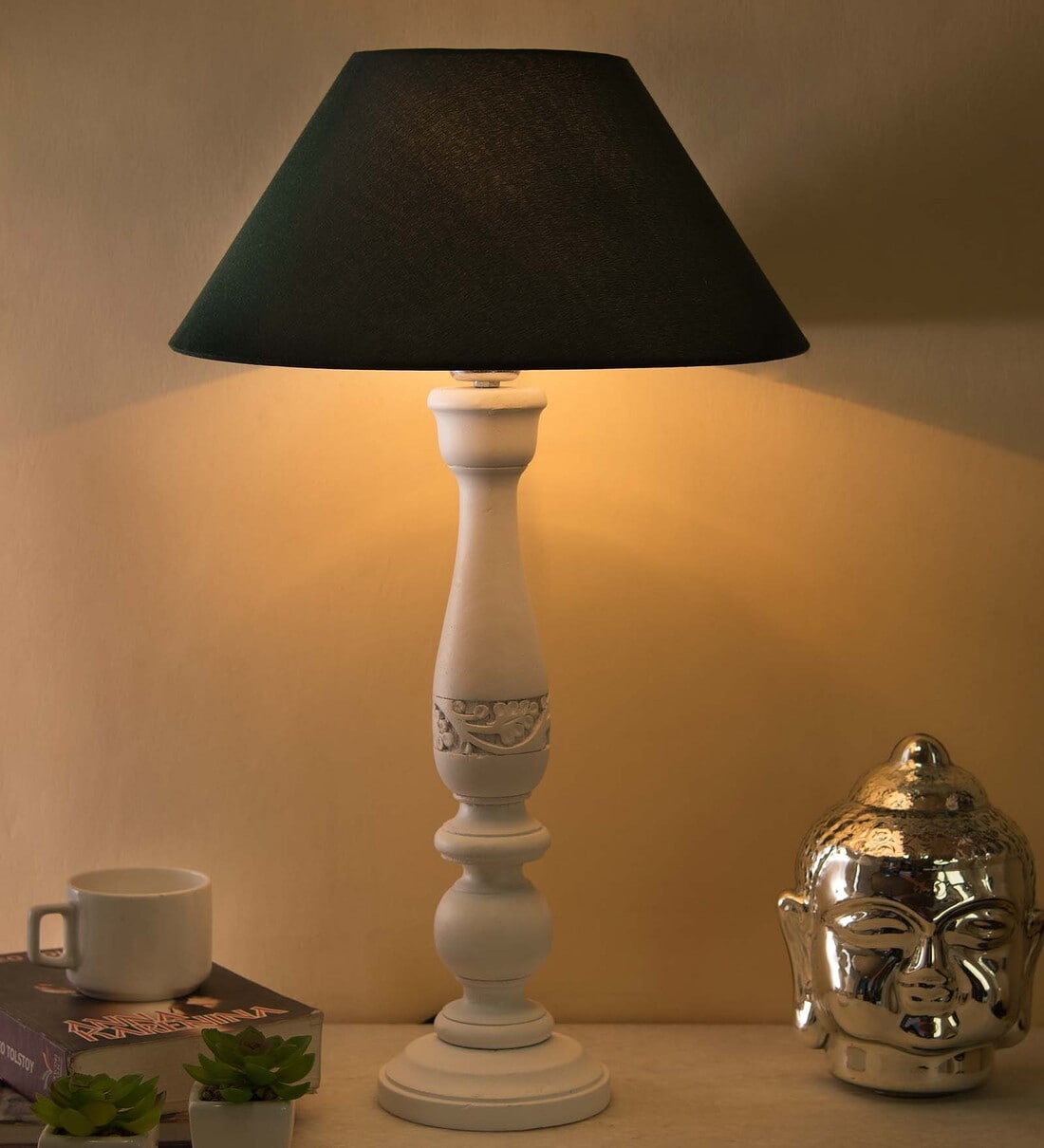 Buy Floral Carved White Wood Table Lamp With Green Shade Online Wood
