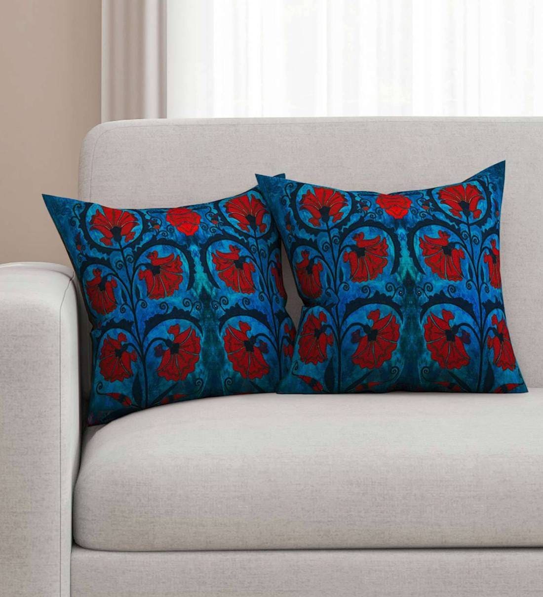 Pastel Blue Applique Cotton Cushion Cover (16 IN X 16 IN)