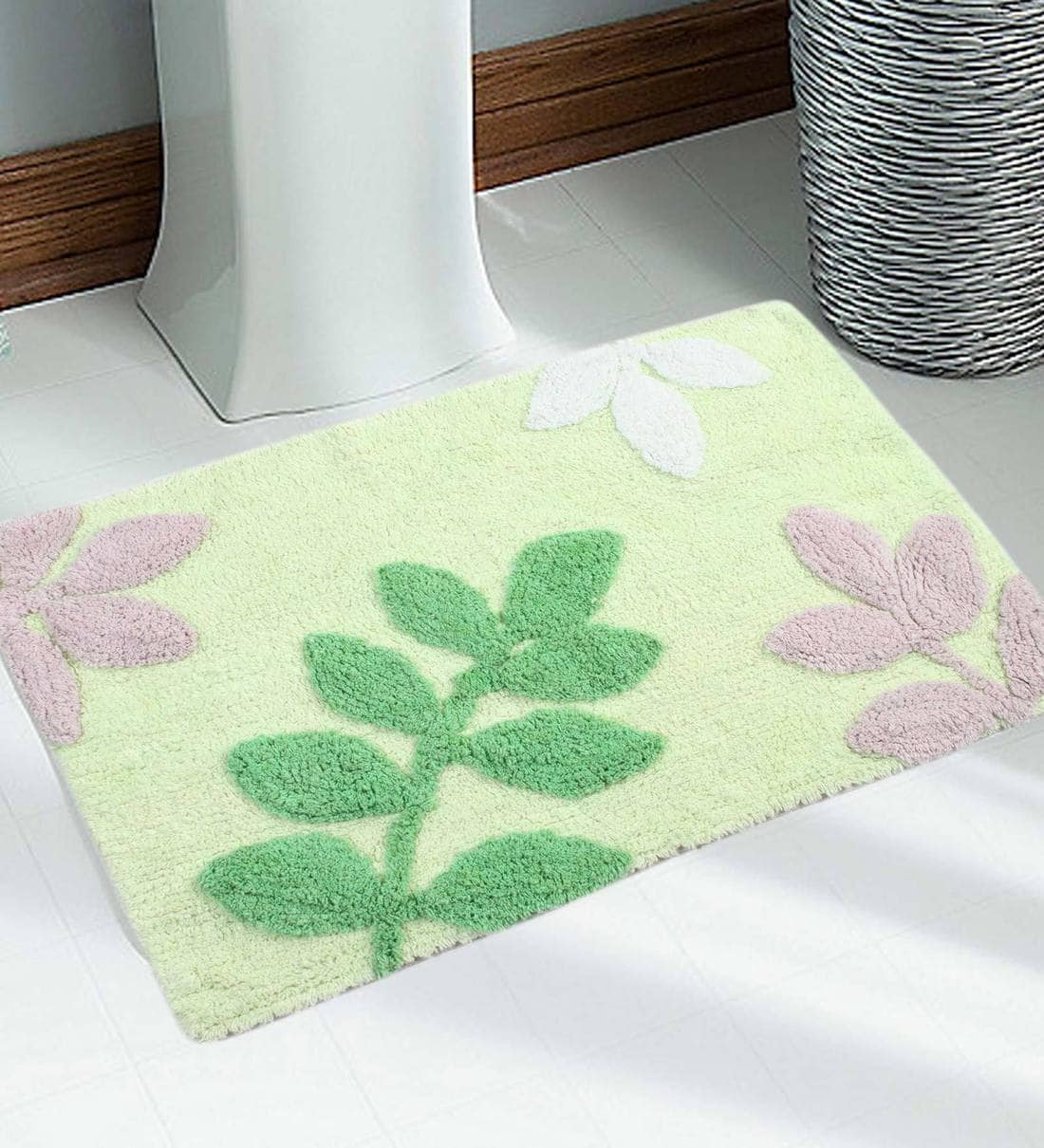 Buy Green Floral Cotton 32x20 Inches AntiSkid Bath Mat by Saral Home