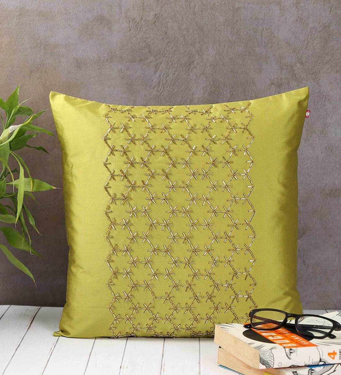 Buy Floral Pattern Yellow Satin Cushion Cover 16x16 Inch By India