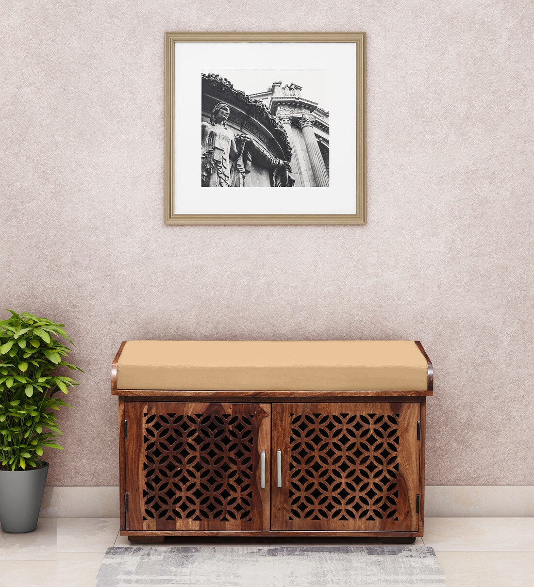 Buy Florito Sheesham Wood Shoe Rack with Seat in Rustic Teak Finish at