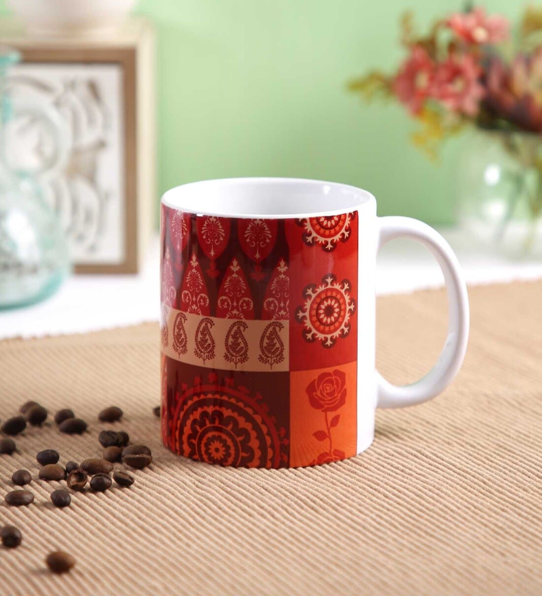 Set Of 6 Floral Patterned Coffee Mug Grey 350ml