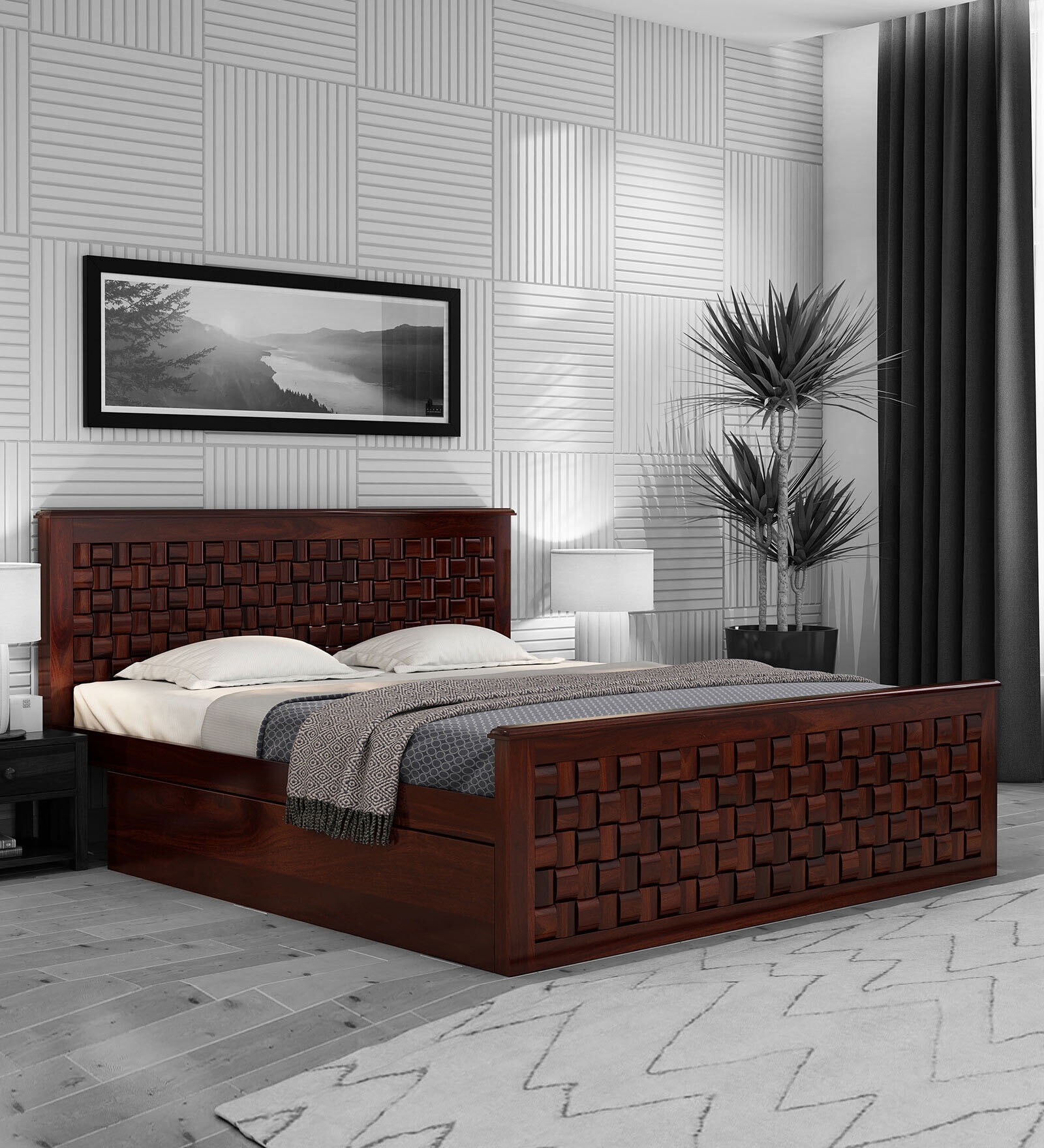 Flamingo Sheesham Wood King Size Bed in Walnut Finish with Drawer Storage