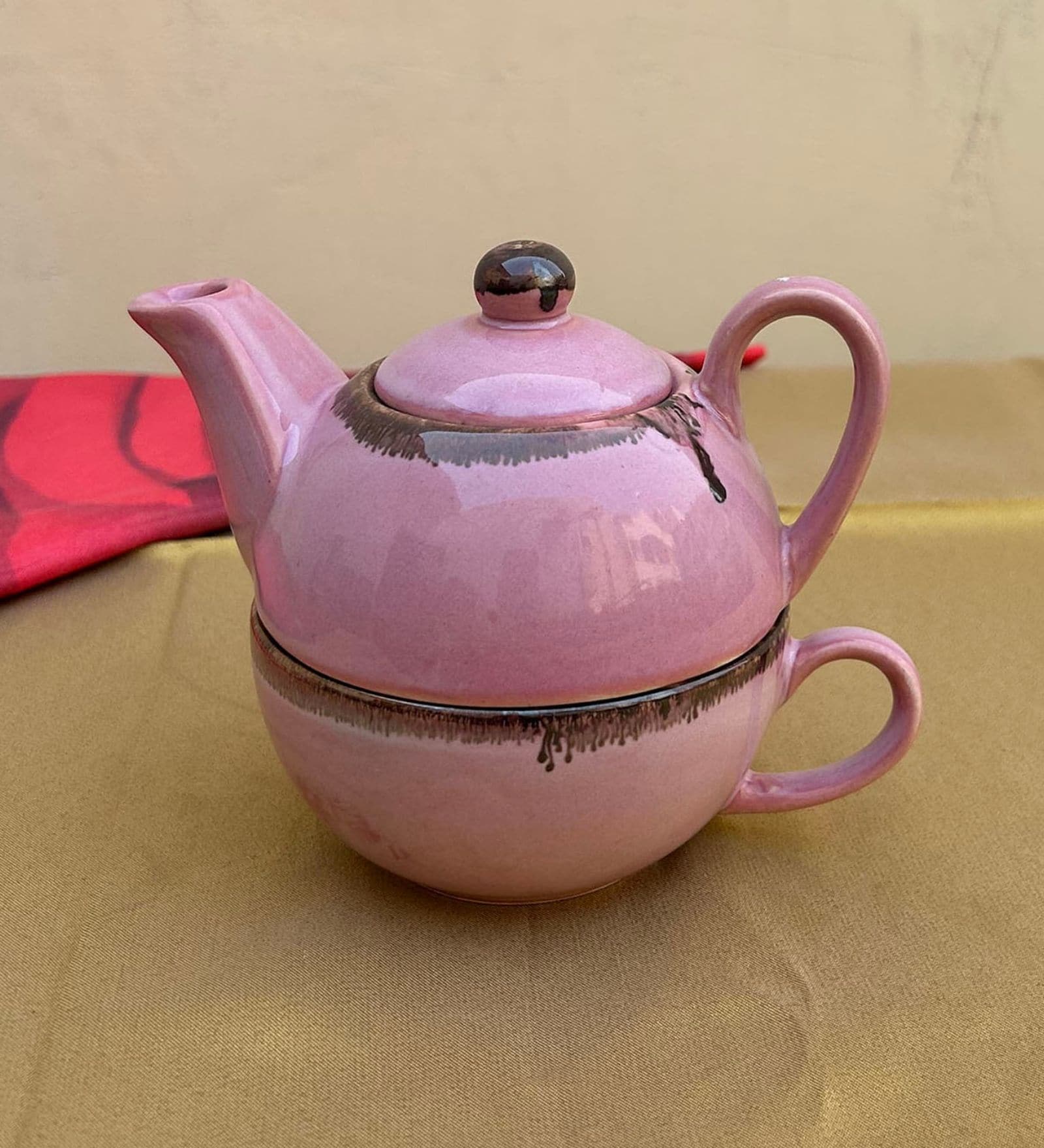 Flamingo Pink Ceramic  Tea Pot With Cup