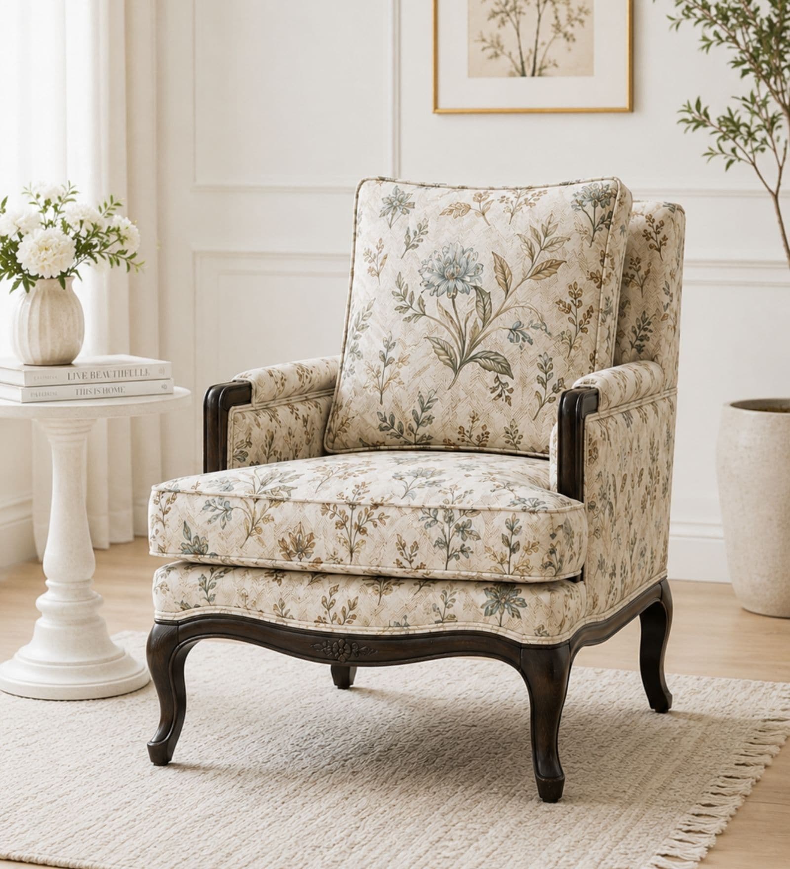 Fleura Teak Wood Arm Chair With Suede Fabric In Cream Beige Colour