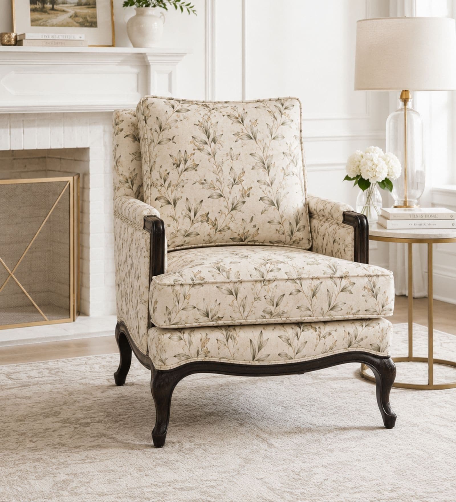 Fleura Floral Motif Teak Wood Arm Chair With Suede Fabric