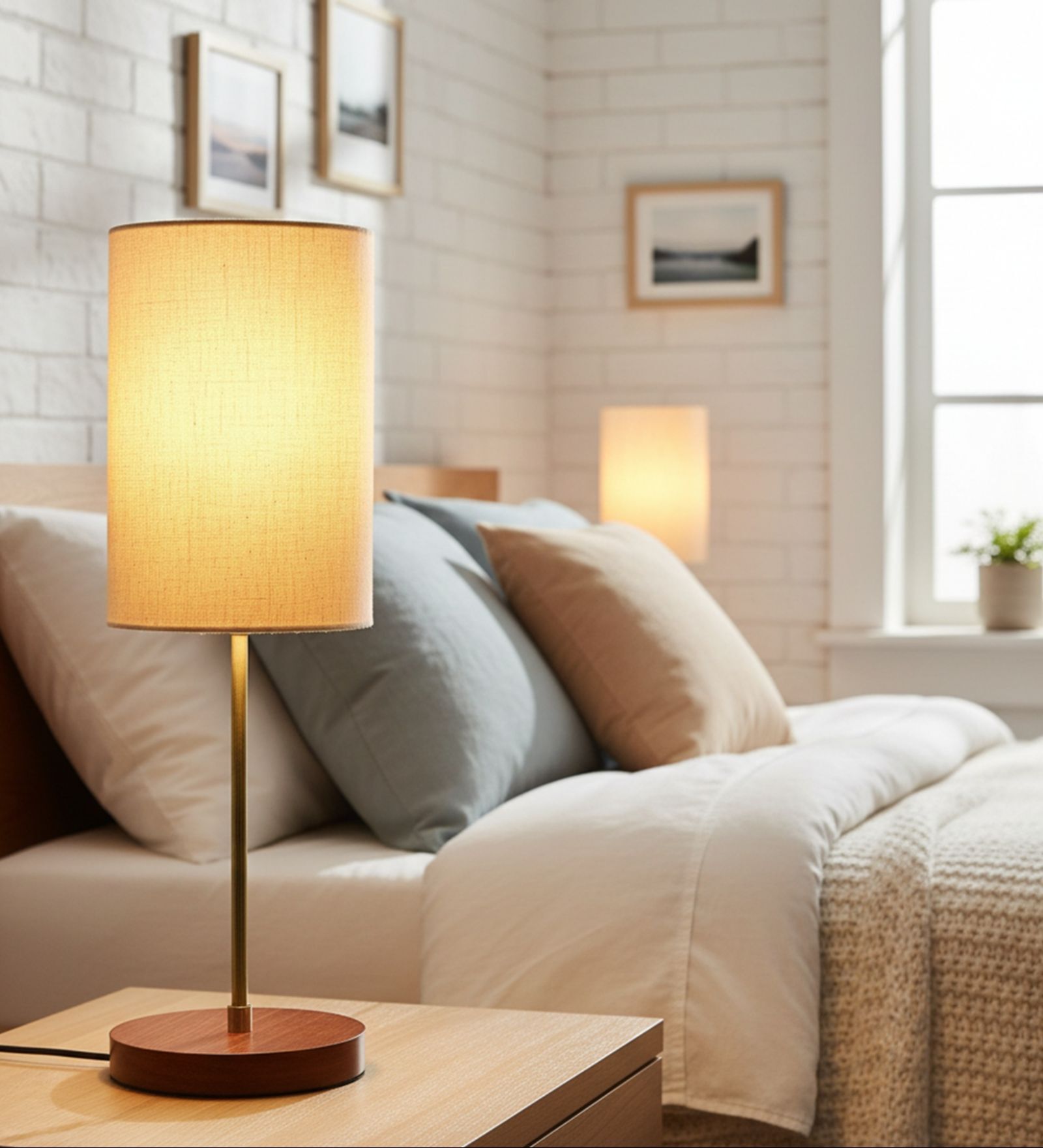 Flex Cylinder Fabric Shade Table Lamp, Brown Wooden Base Bedside & Desk Light for Bedroom, Living Room & Home Decor