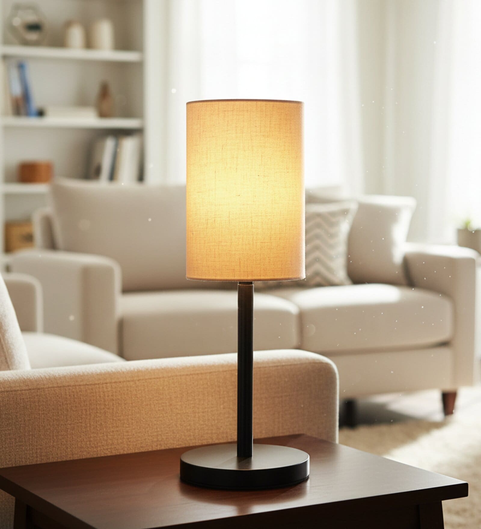 Flex Cylinder Fabric Shade Table Lamp, Minimalist Bedside Lamp with Metal Base for Bedroom, Living Room & Study