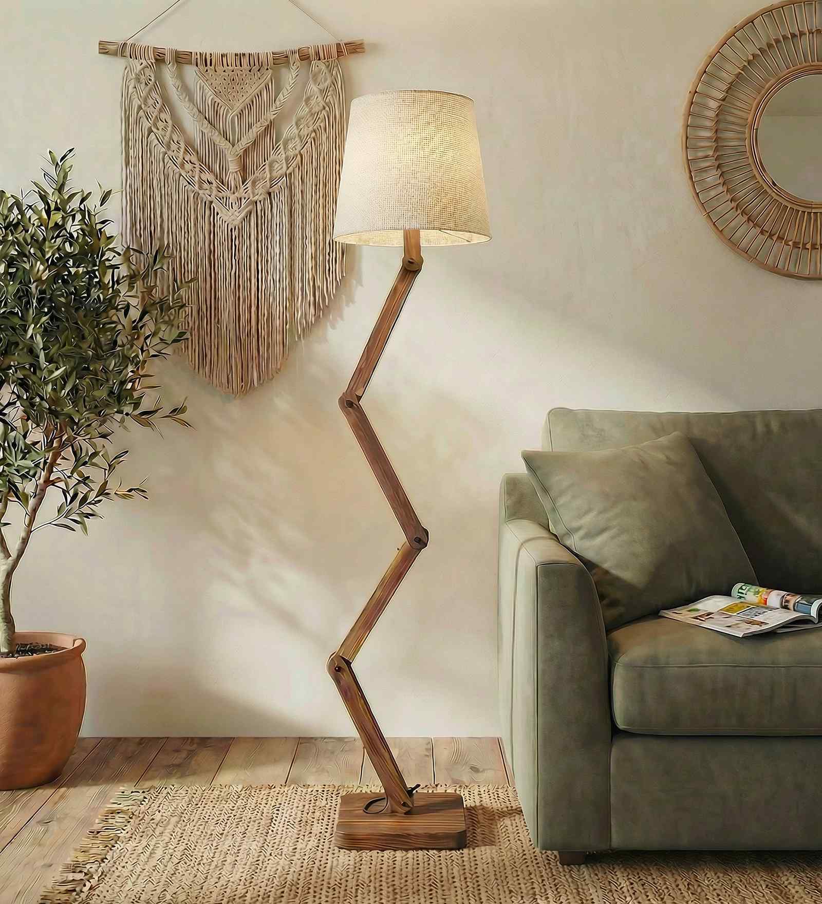 Flex Wooden Floor Lamp with Jute Shade & Brown Base