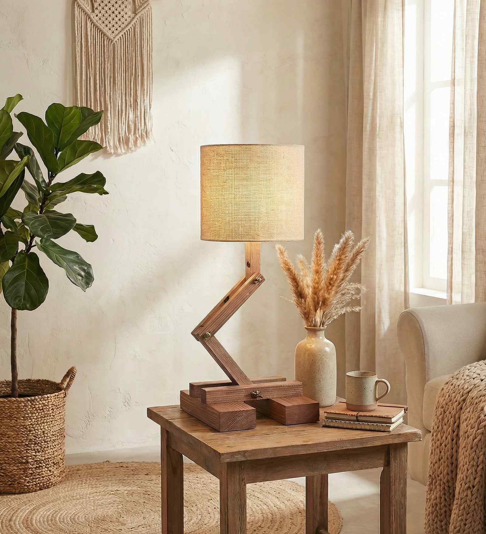 Flex Wooden Table Lamp with Jute Shade & Brown Base
