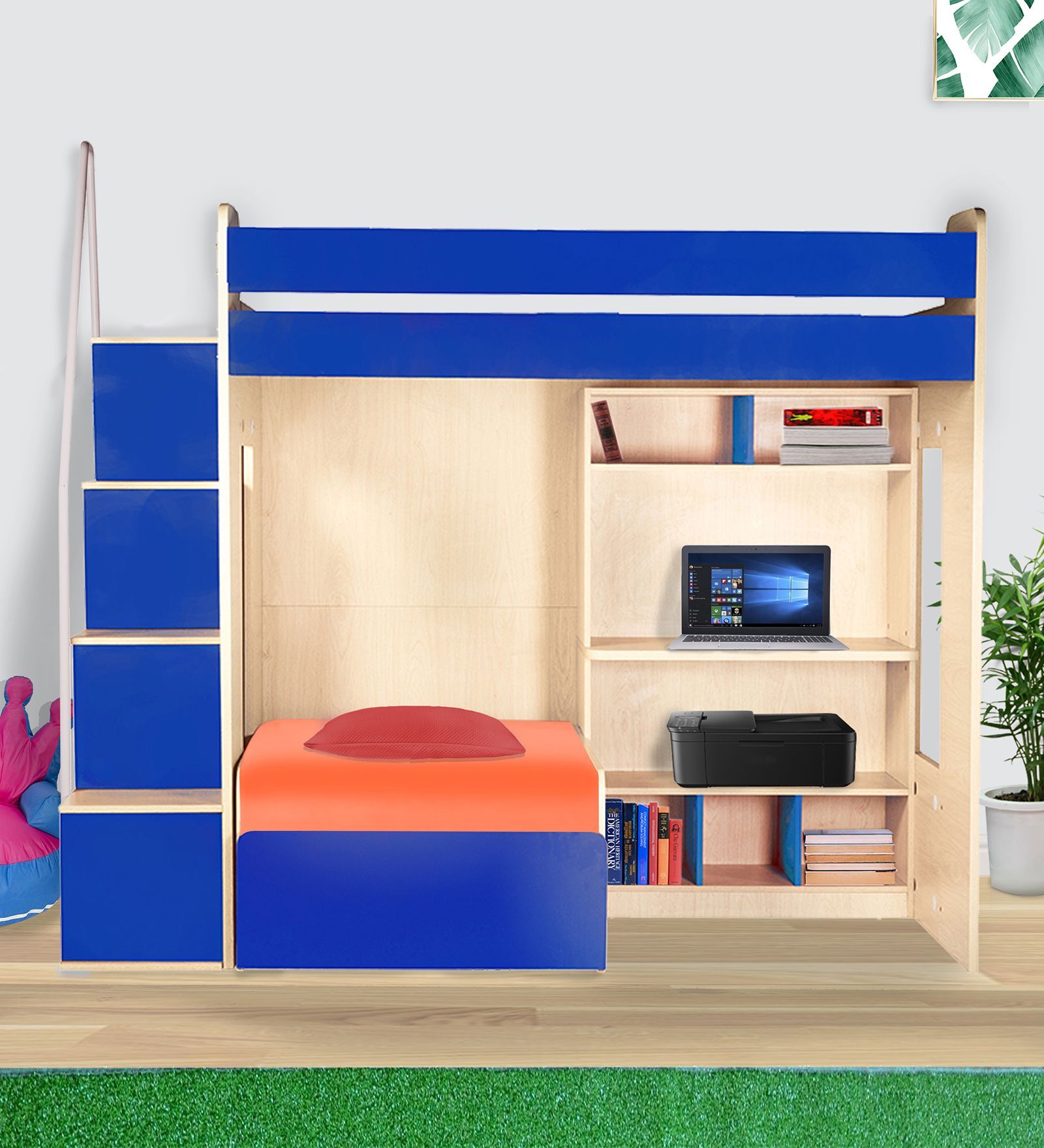 Combi Bunk Bed in Blue Colour with Drawer Storage & Study Table