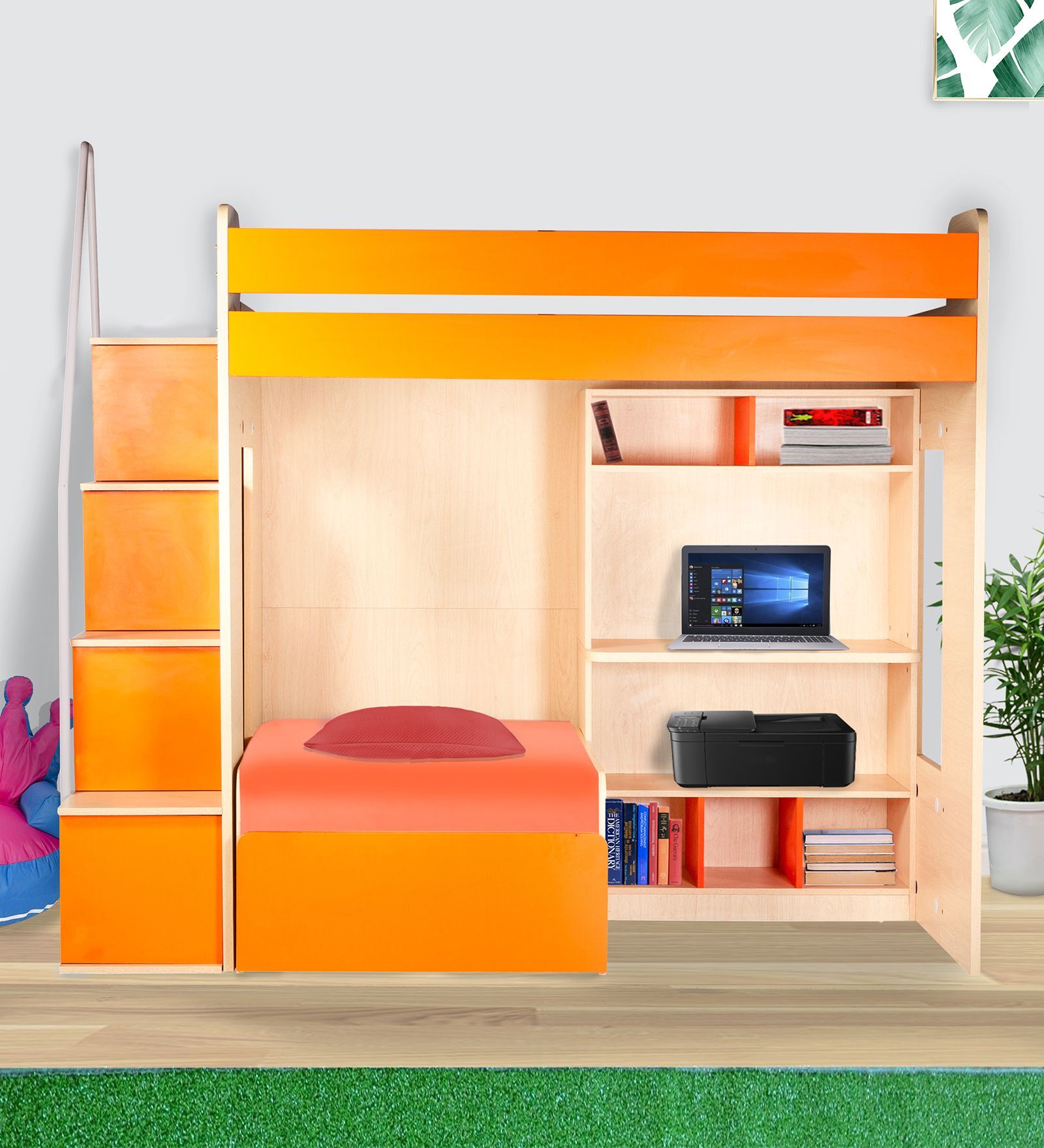 Combi Bunk Bed in Orange Colour with Drawer Storage & Study Table Combi Bunk Bed in Orange Colour with Drawer Storage & Study Table