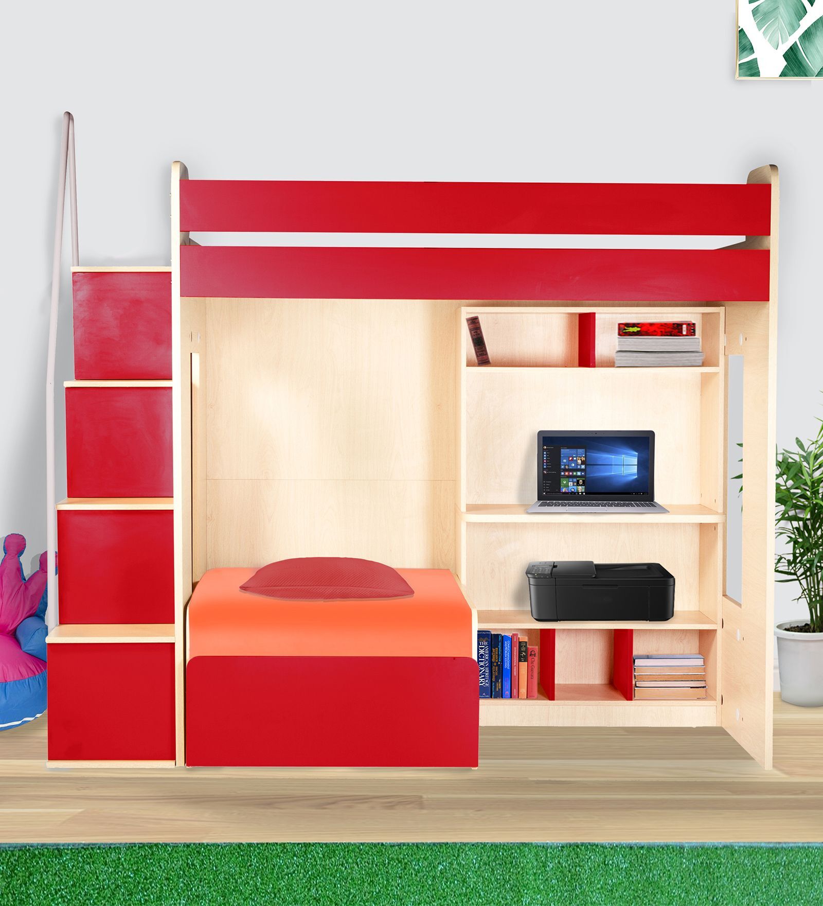 Combi Bunk Bed in Red Colour with Drawer Storage & Study Table Combi Bunk Bed in Red Colour with Drawer Storage & Study Table