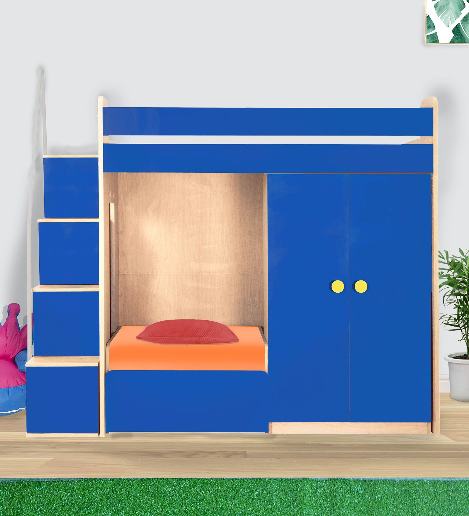Combi Bunk Bed in Blue Colour with Drawer Storage and Wardrobe