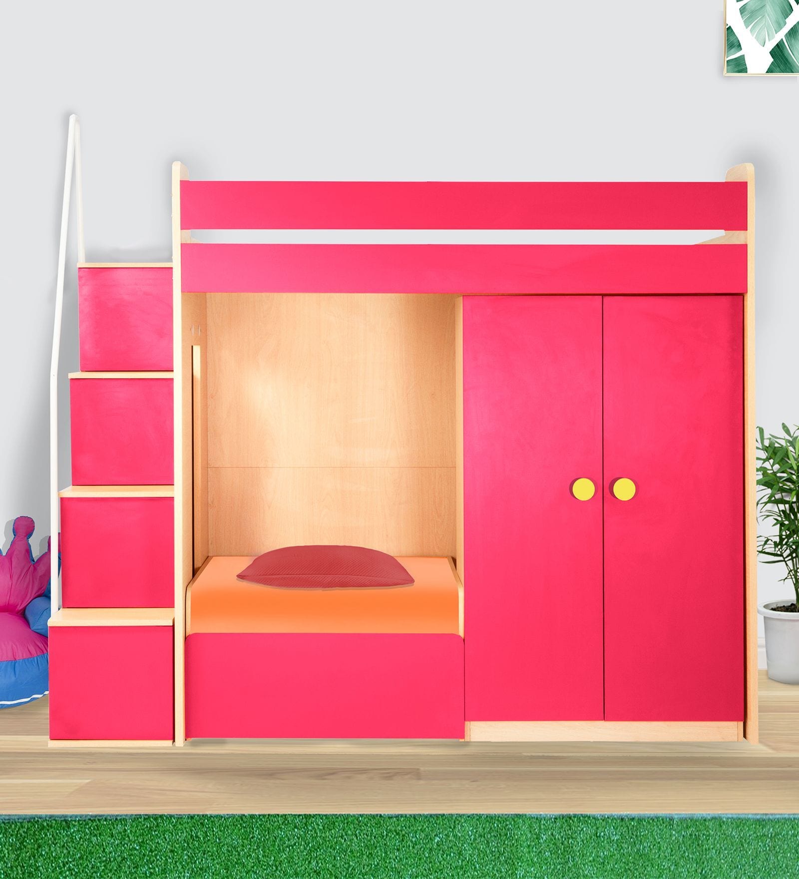 Combi Bunk Bed in Pink Colour with Drawer Storage and Wardrobe Combi Bunk Bed in Pink Colour with Drawer Storage and Wardrobe