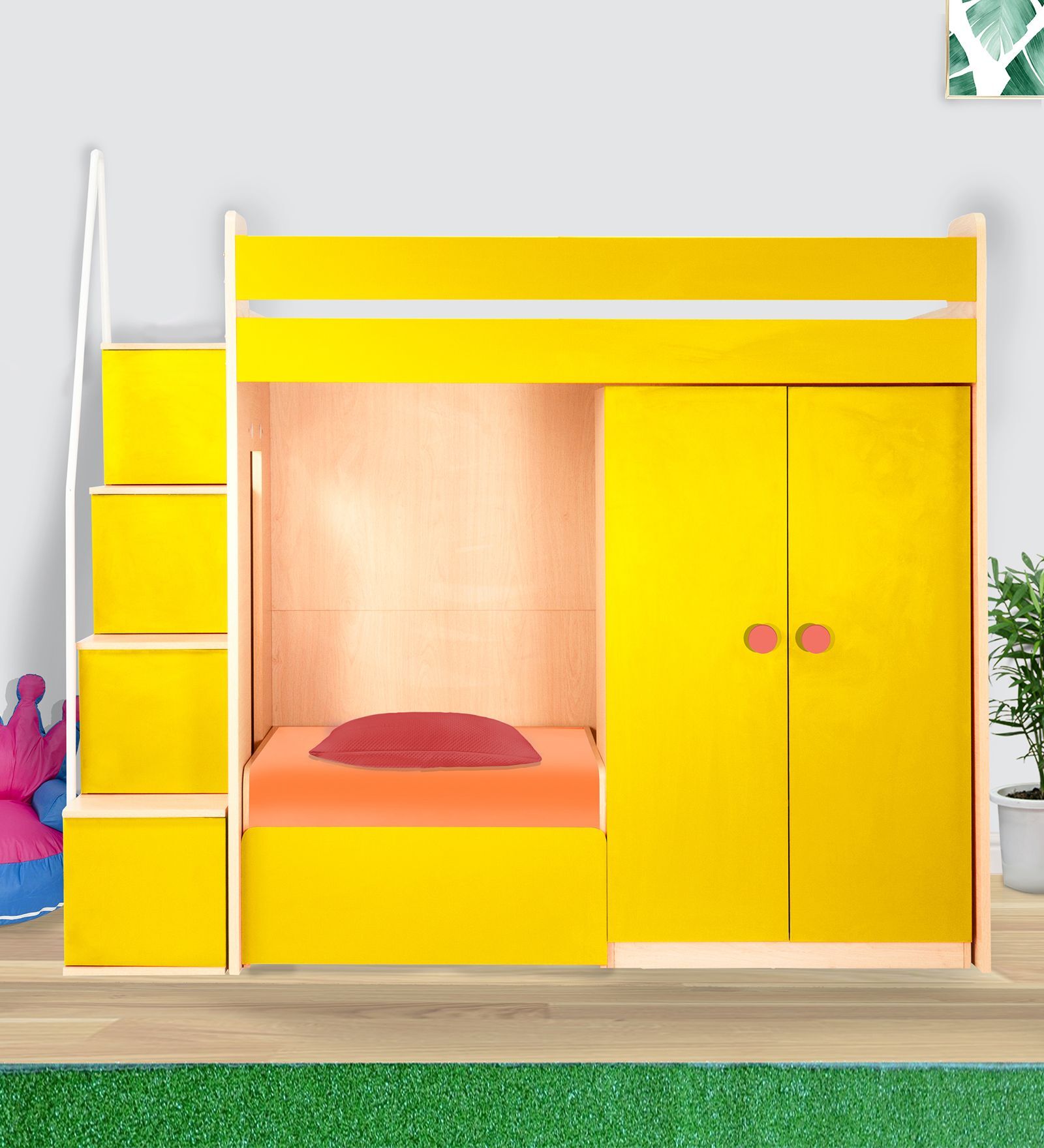 Buy Combi Bunk Bed in Yellow Colour with Drawer Storage and Wardrobe at ...