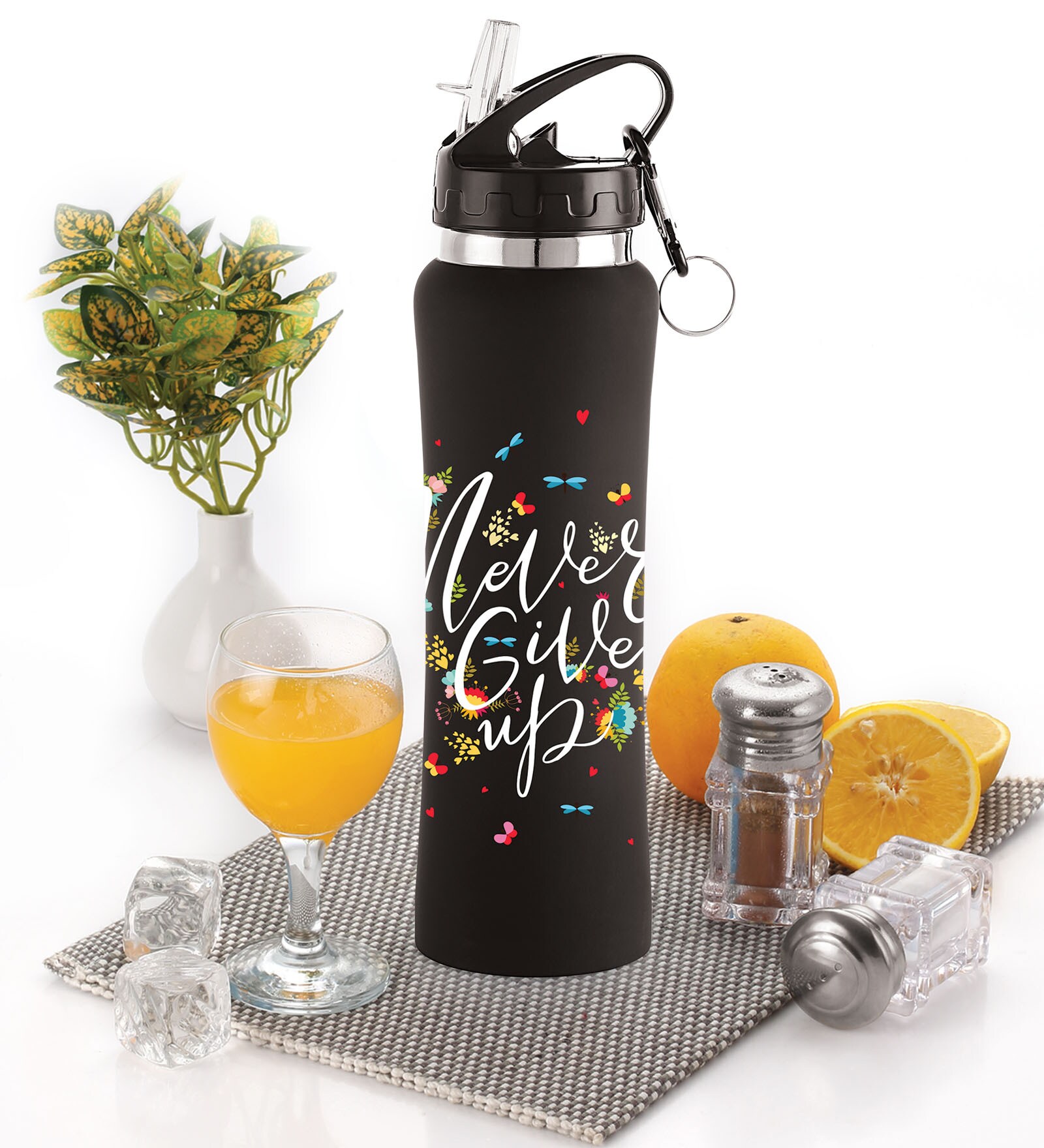 Flip Bot Rubber Finish 750 ml Black Stainless Steel  Sipper