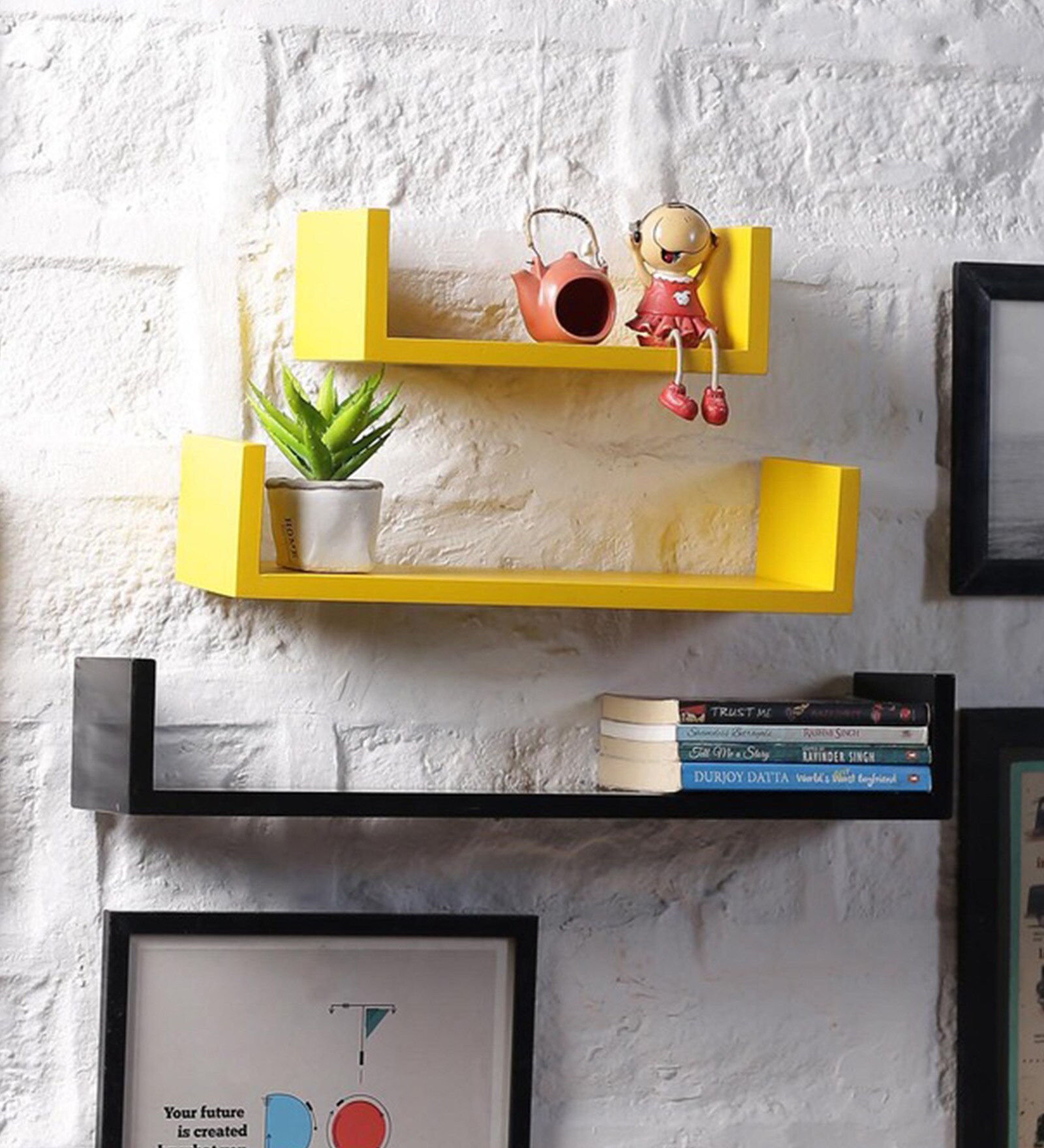 Set Of 3 Engineered Wood Floating Book Shelf In Black & Yellow Colour