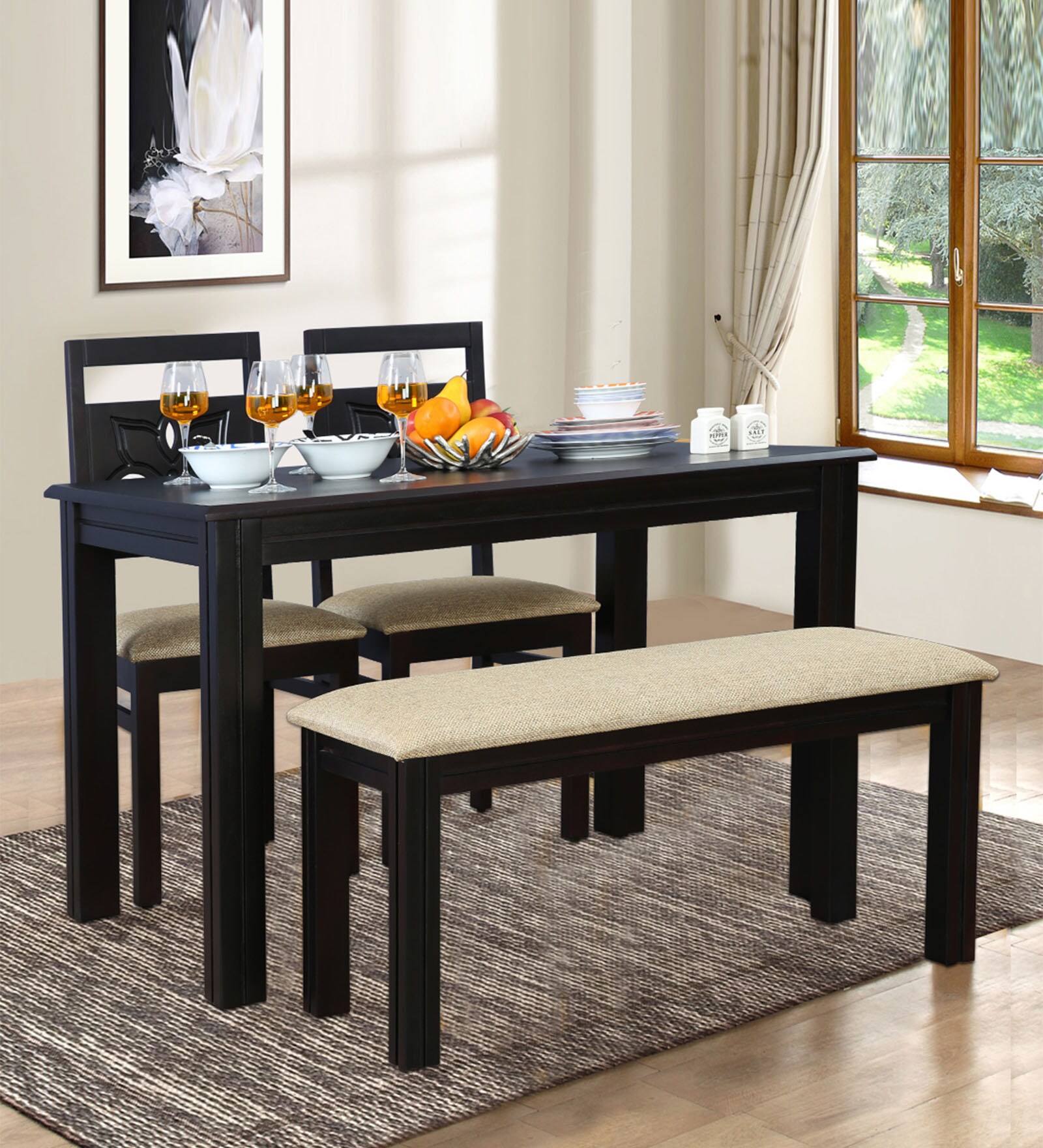 Flora 4 Seater Dining Set In Walnut Finish