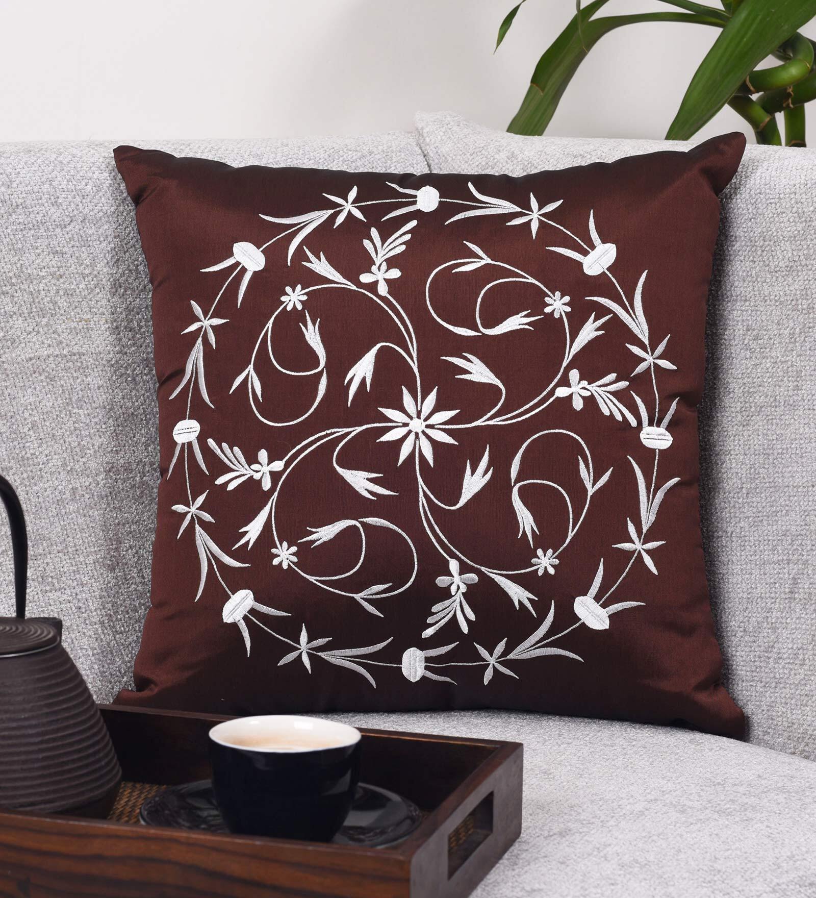Brown - Cutwork Cotton Applique Cushion Cover (16 x 16 in)