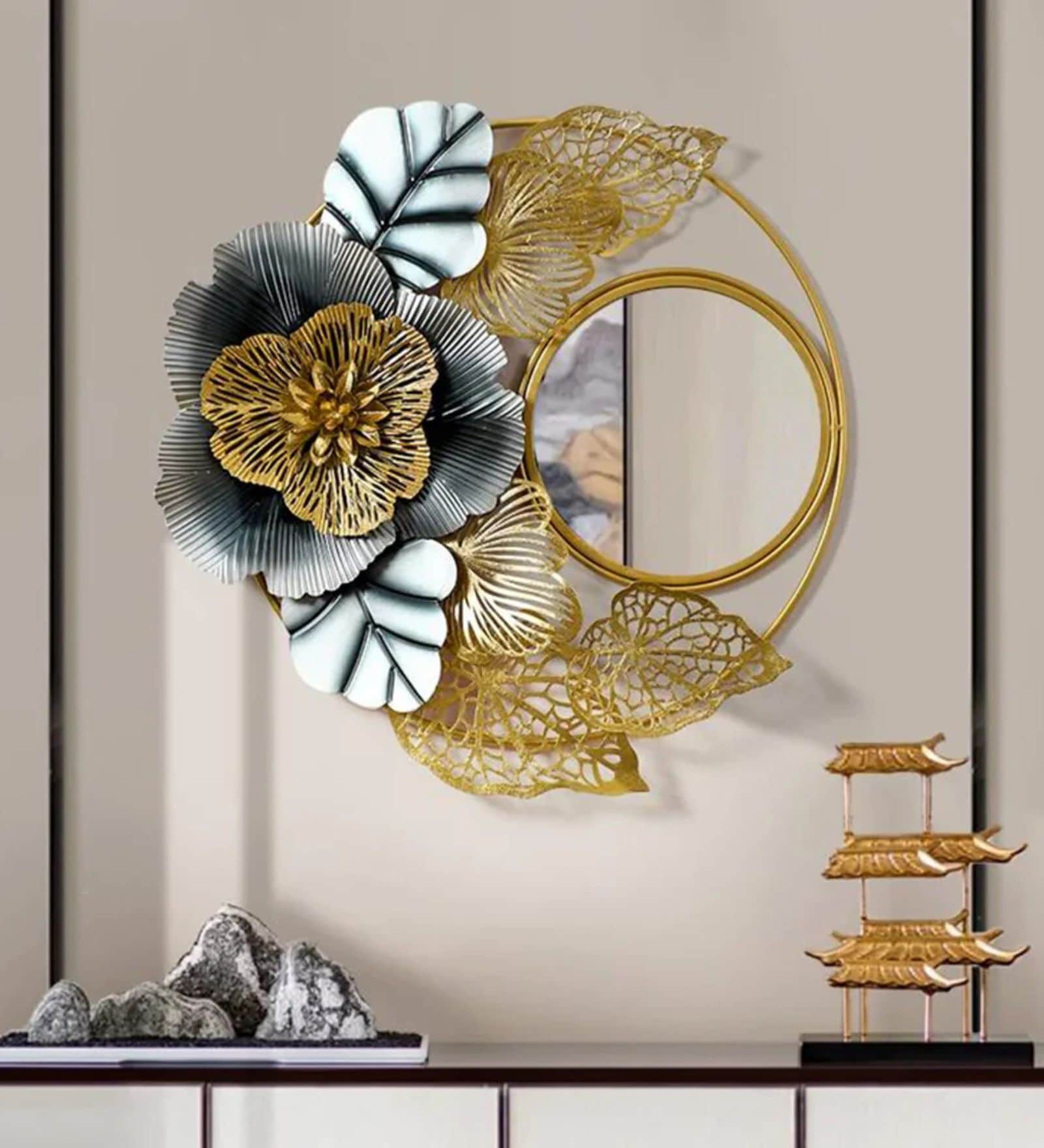 Golden Flora Round Mirror Wall Art