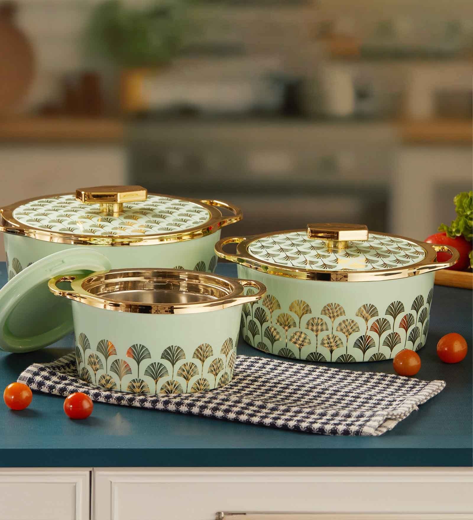 Floraa Royale Green Plastic & Steel 3Pcs Insulated Thermoware Casserole