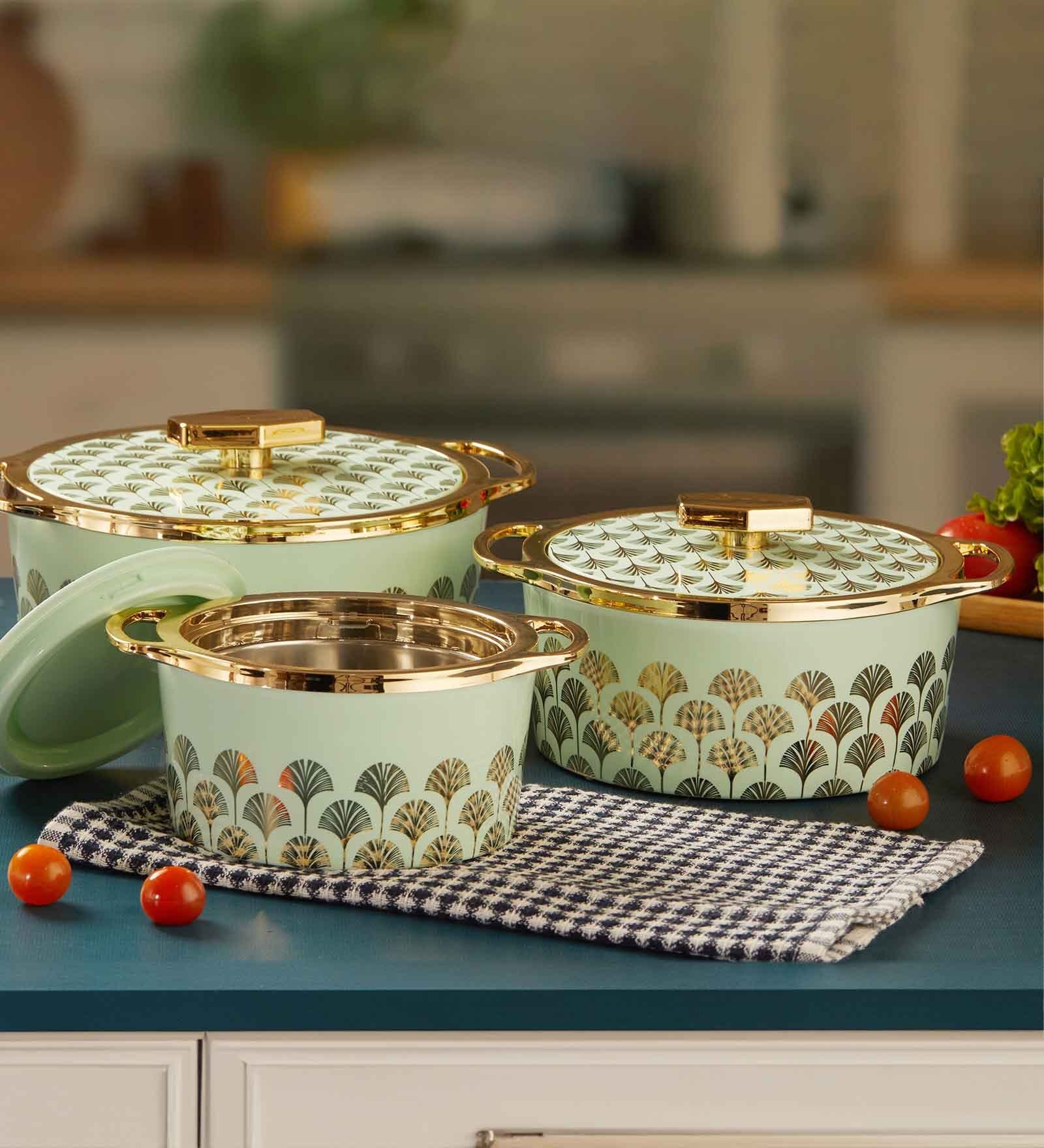 Floraa Royale Green Plastic & Steel 3Pcs Insulated Thermoware Casserole