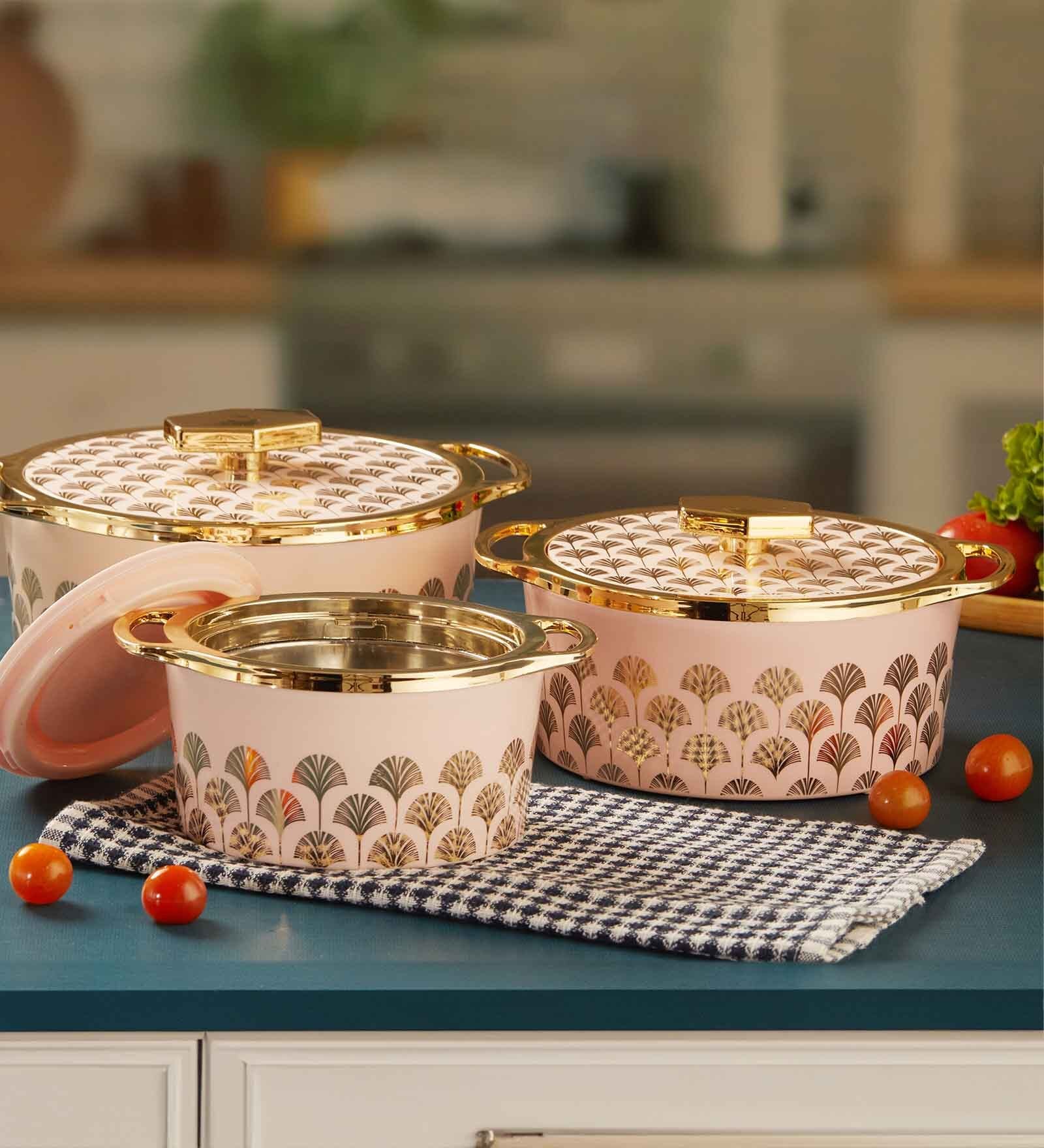 Floraa Royale Pink Plastic & Steel 3Pcs Insulated Thermoware Casserole