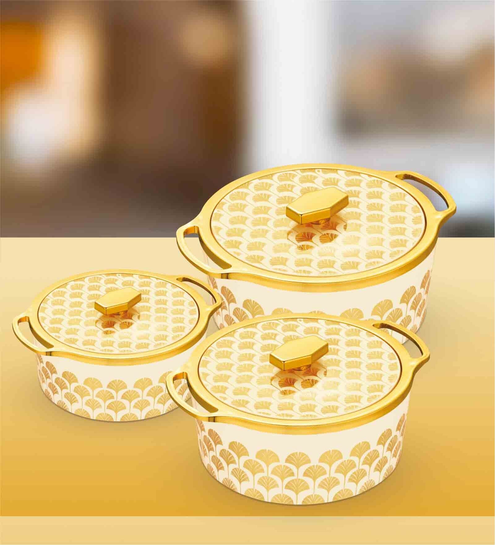 Floraa Royale White Plastic & Steel 3Pcs Insulated Thermoware Casserole