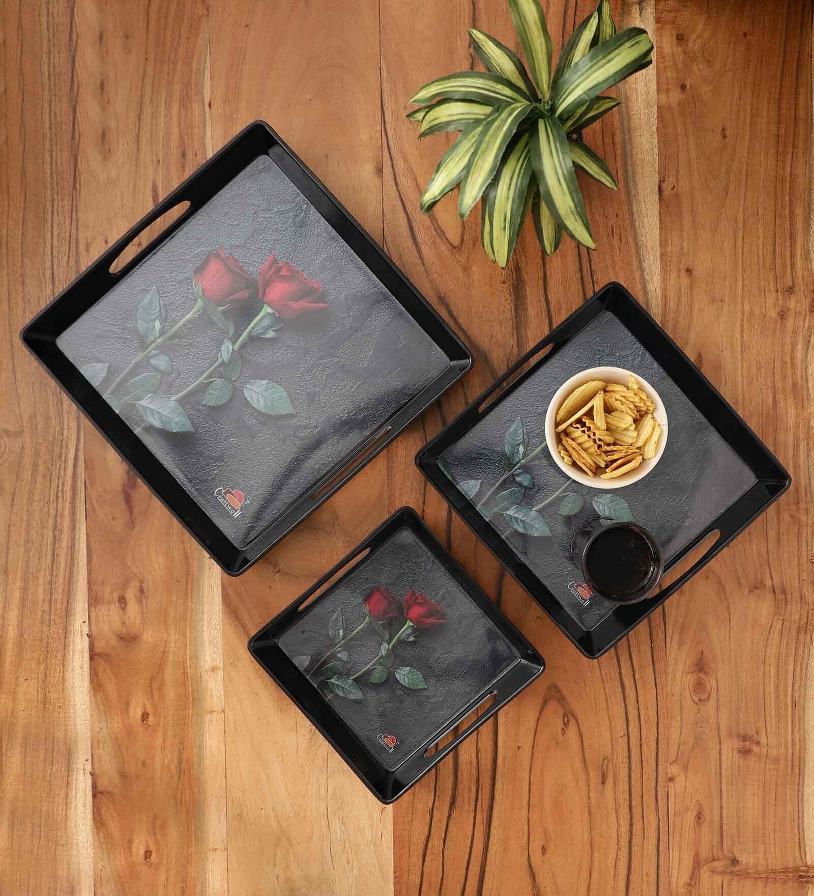 Floral  Black Melamine (Set of 3) Serving Tray