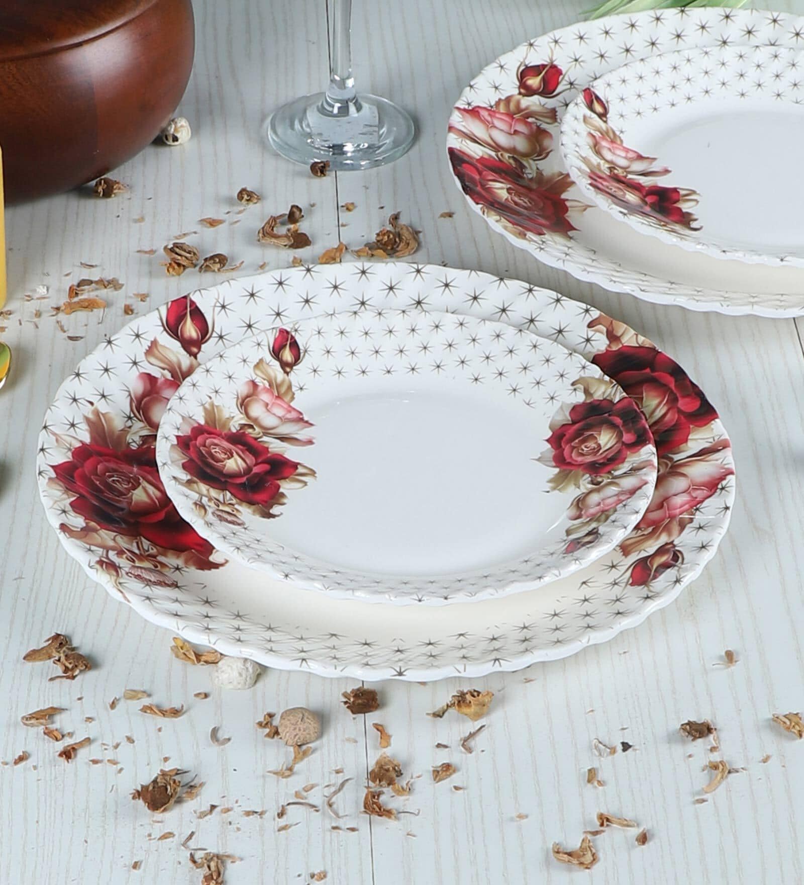 Floral 12 Pcs White & Red Melamine Dinnerware Set