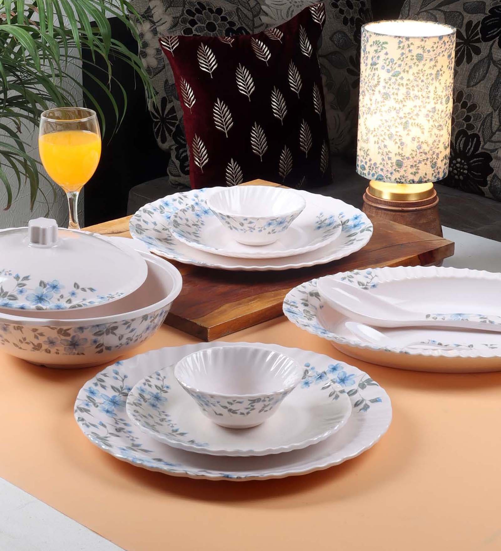 Floral 39 Pcs White & Blue Melamine Dinnerware Set