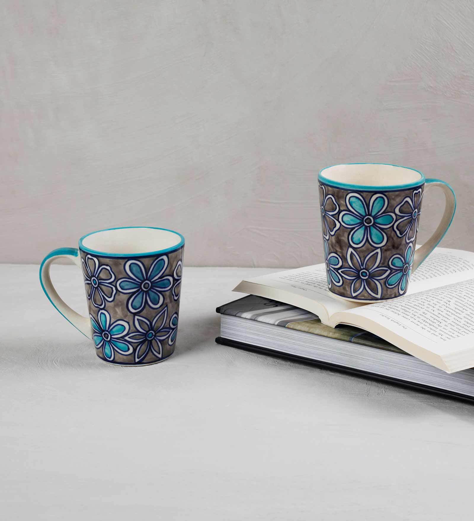 Floral 300ml Grey & Blue Ceramic (Set of 6) Coffee Mug