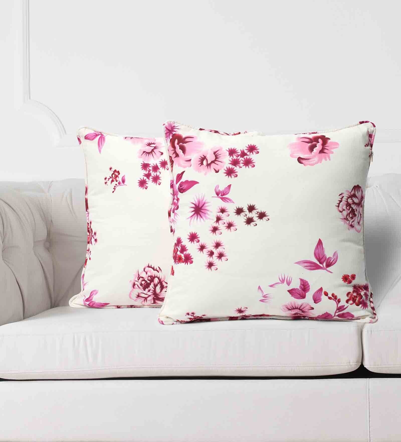 Floral 160 TC Pure Cotton Cushion Cover (Set of 2) in PInk Color