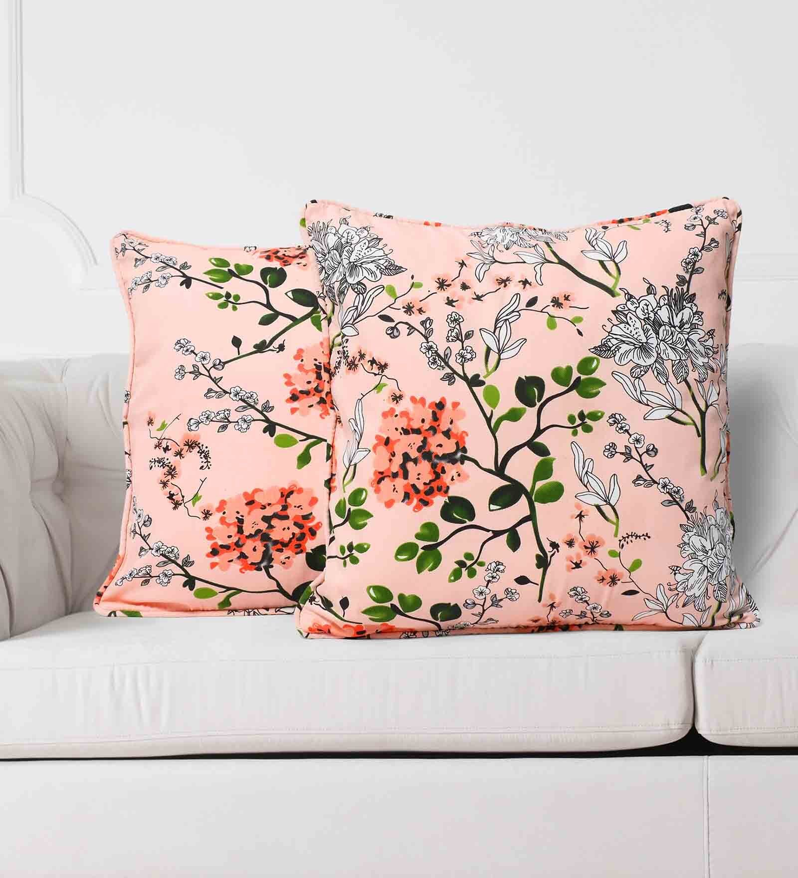 Peach Floral Cotton 20 x 20 Inches Cushion Covers (Set of 2)
