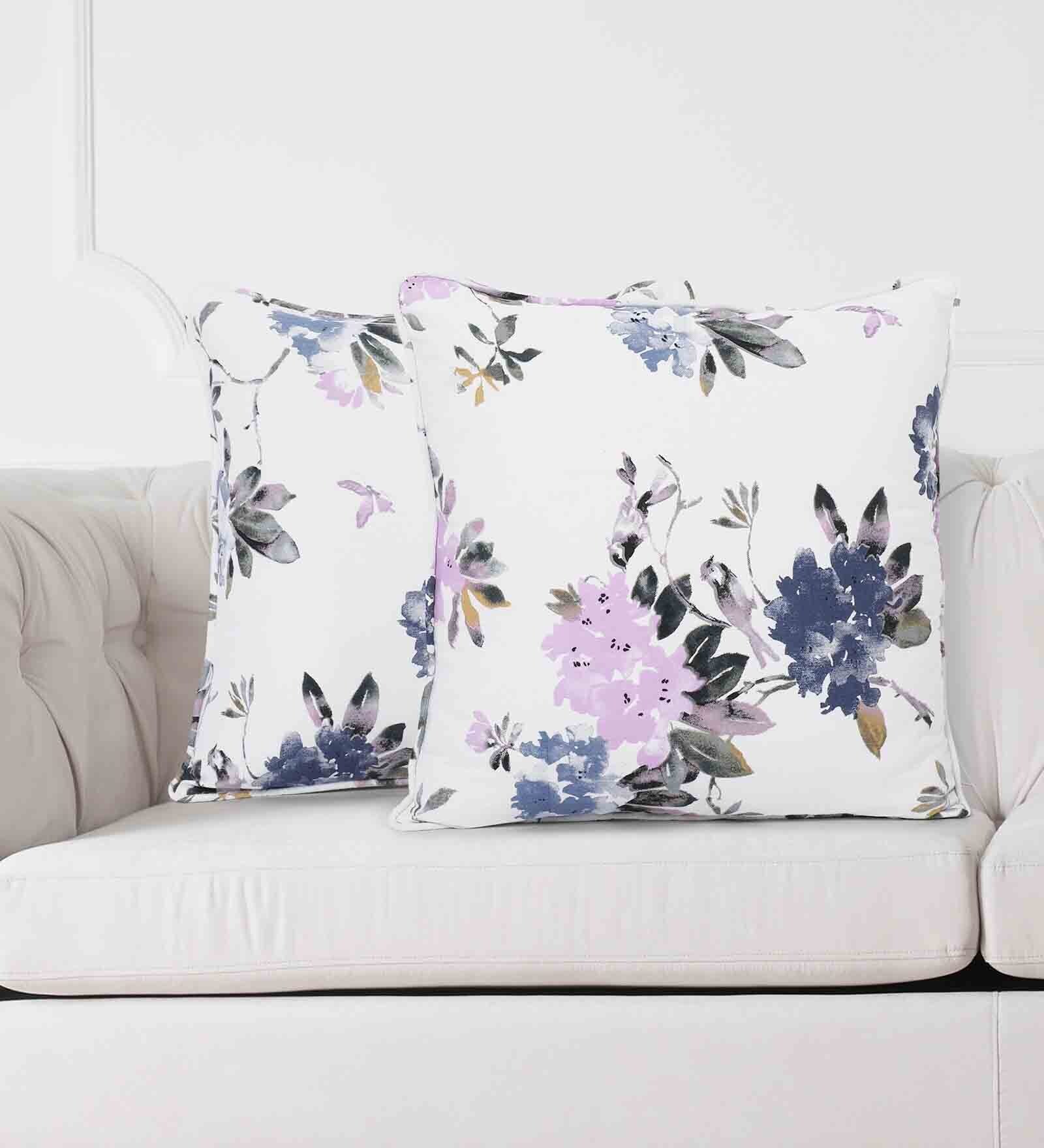 Buy Floral 200 TC Pure Cotton Cushion Cover (Set of 2) in Purple Color