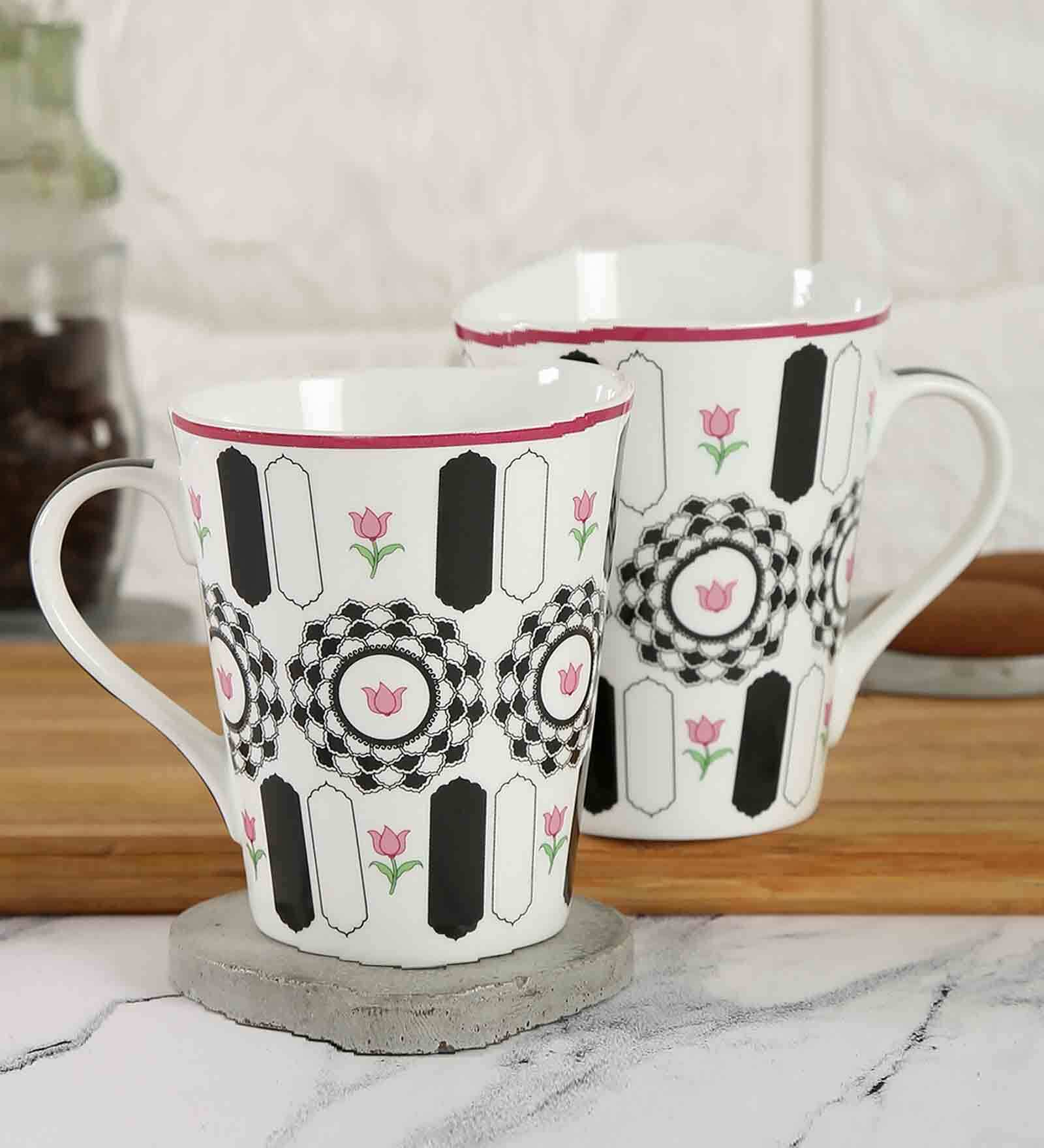 Floral 380ml White & Black Ceramic (Set of 2) Coffee Mug