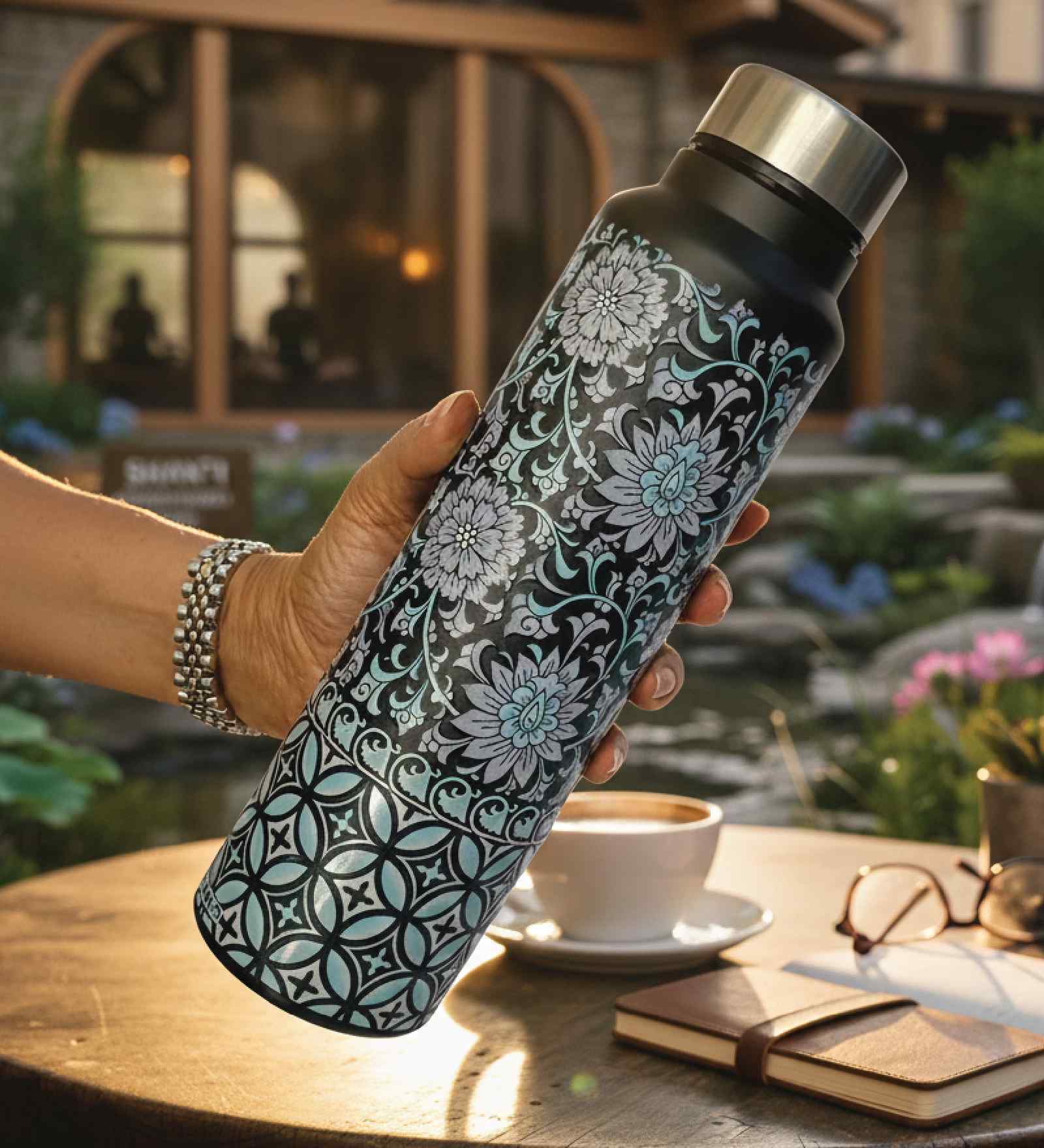 Floral Art Print Black Stainless Steel 950ml Water Bottle