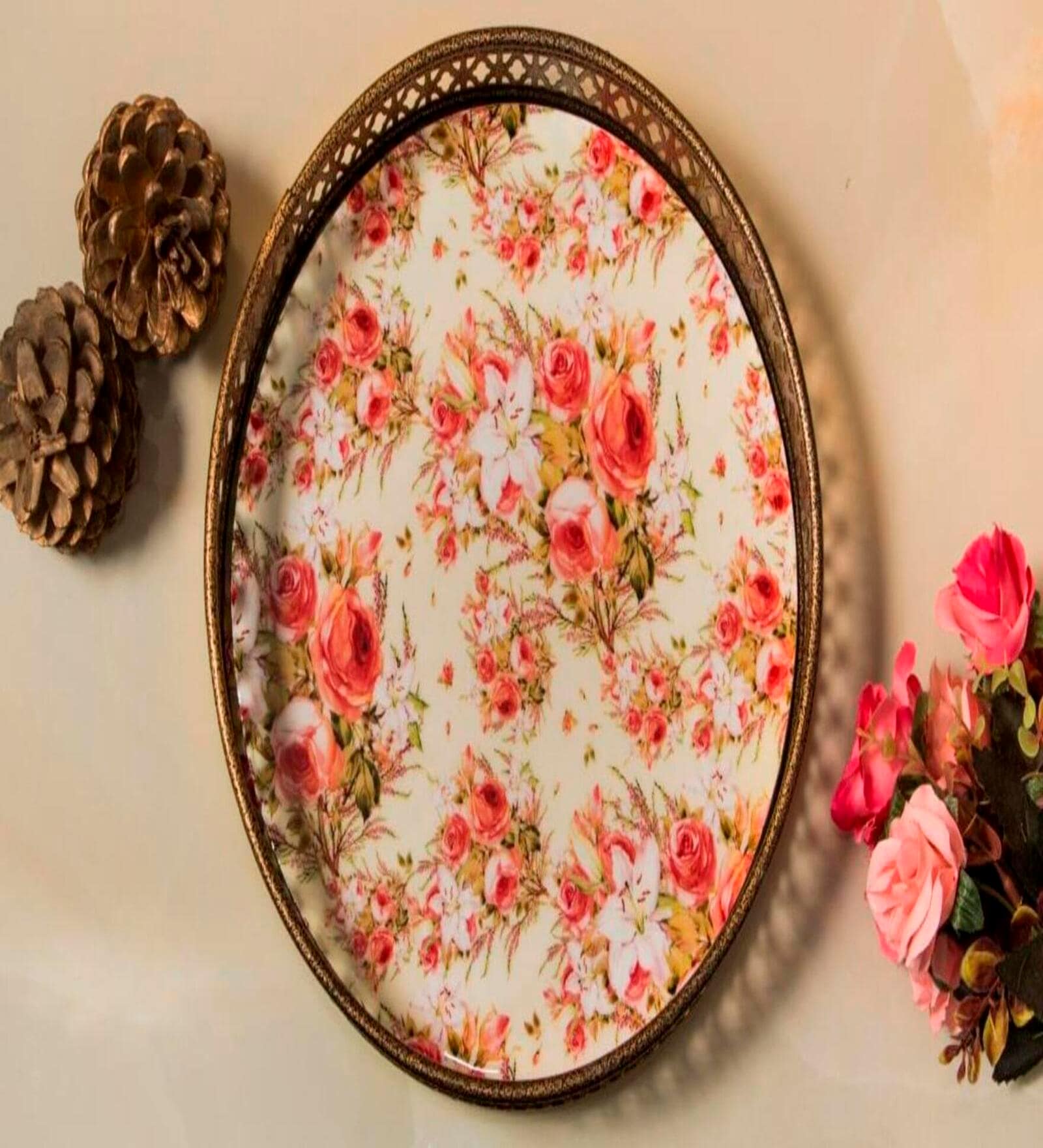 Floral Beige Iron Round Serving Tray