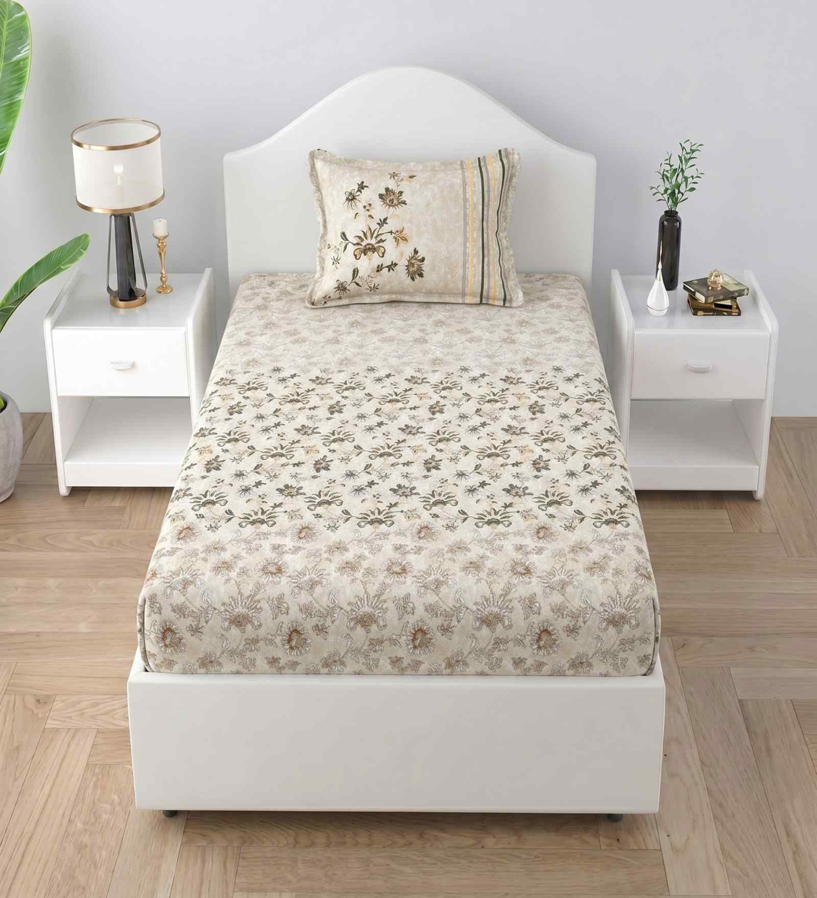 Floral Beige Spring Glory Cotton186 TC Single Bedsheet With 1 Pillow Cover