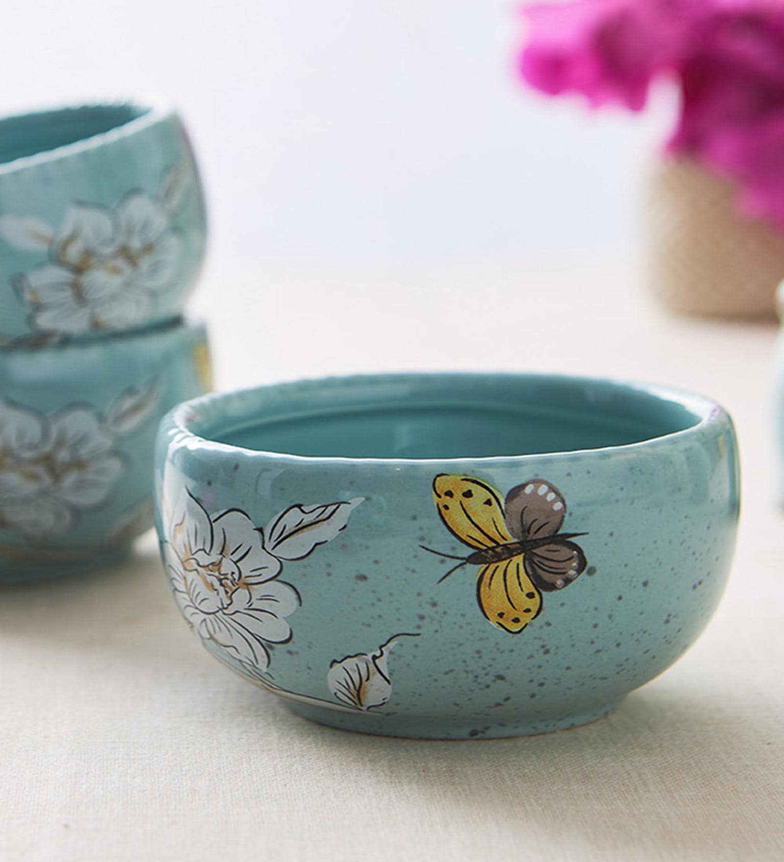 Floral Bird Ceramic Bowl In Blue
