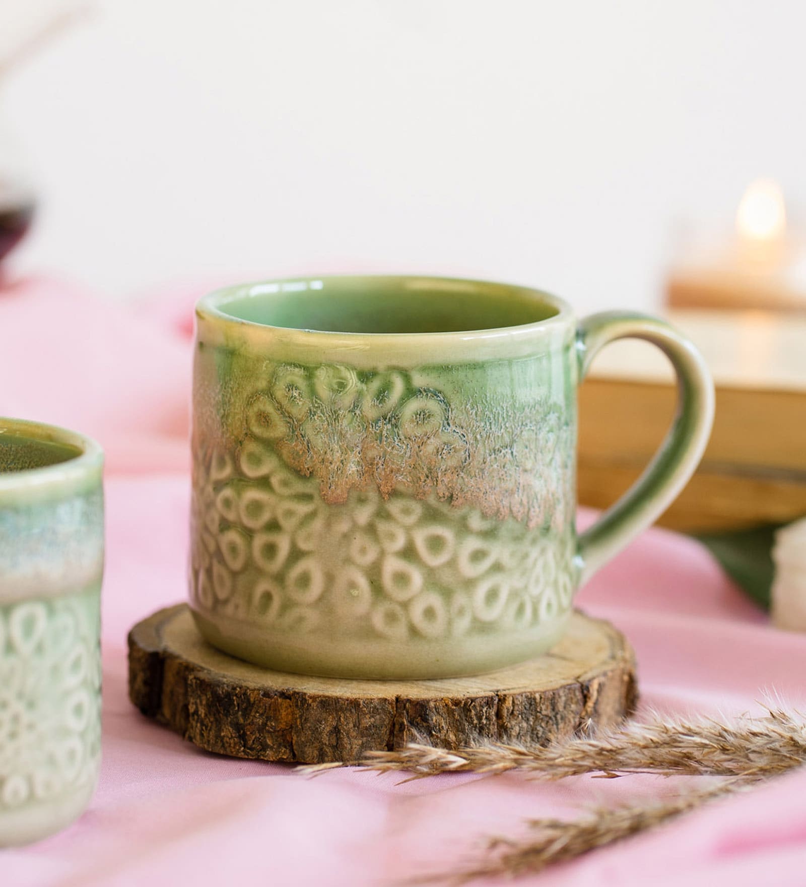 Floral Blossom 250ml Green Ceramic (Set of 2) Tea Cup