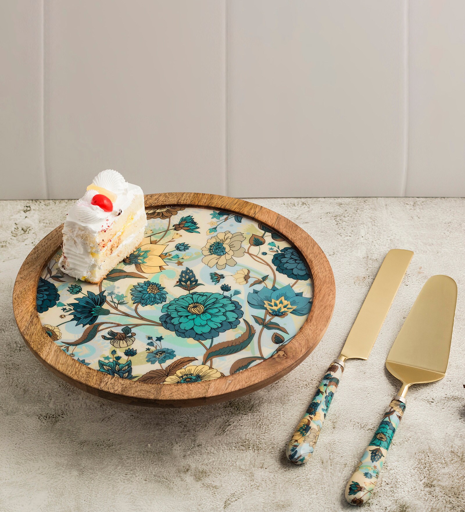 Floral Blue  Mango Wood Cake Stand