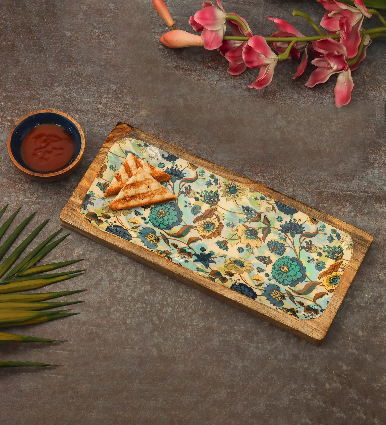 Floral Blue Mango Wood Appetizer Platter with Dip Bowl