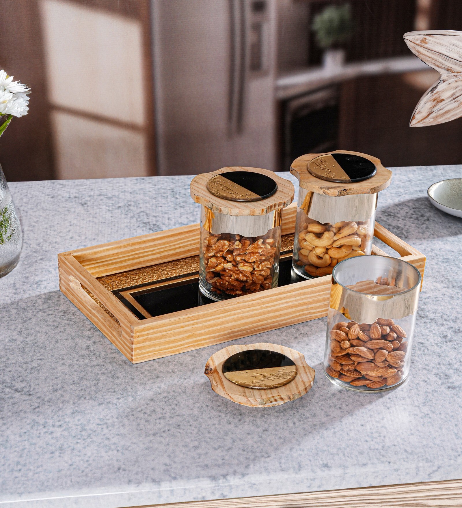 Noir And Gold Glass Jar Tray Set With Wooden Lids