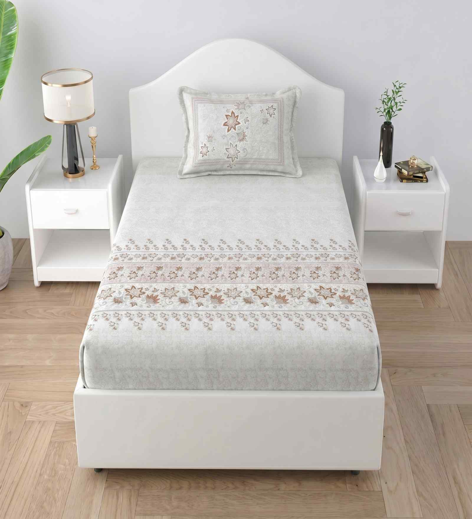 Floral Brown Spring Glory Cotton186 TC Single Bedsheet With 1 Pillow Cover