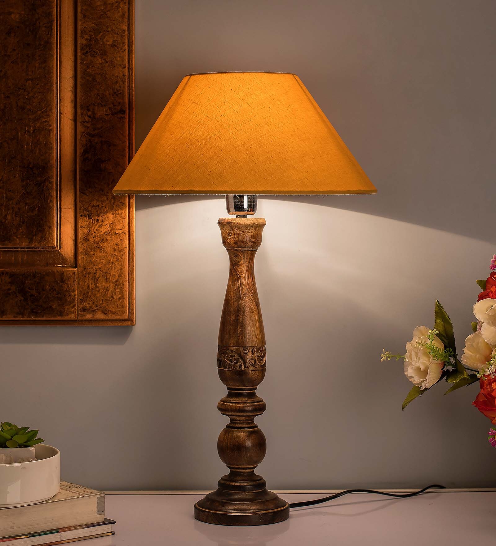 Floral Carved Black Wood Table Lamp With Golden Shade