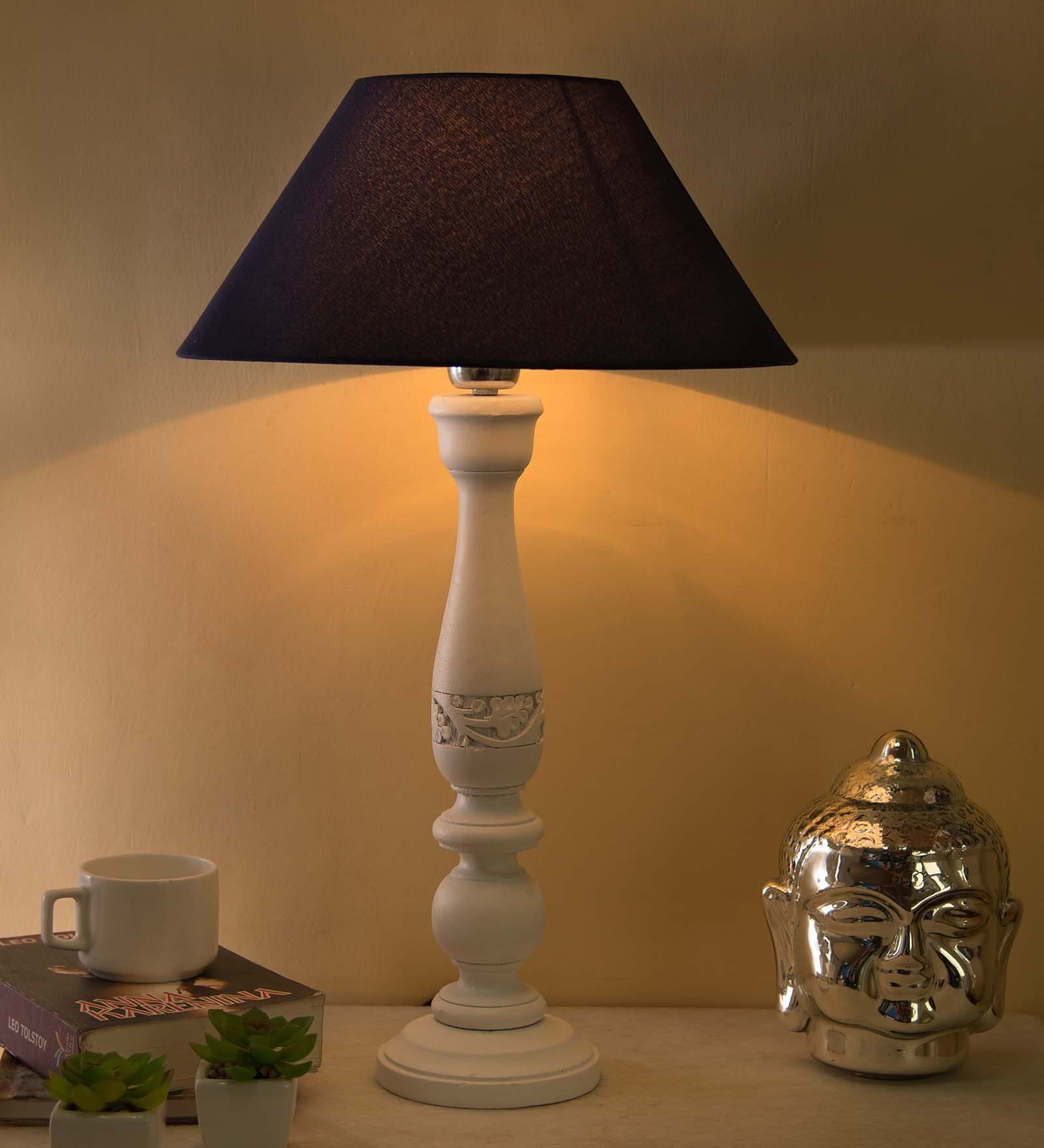Floral Carved White Wood Table Lamp With Blue Shade